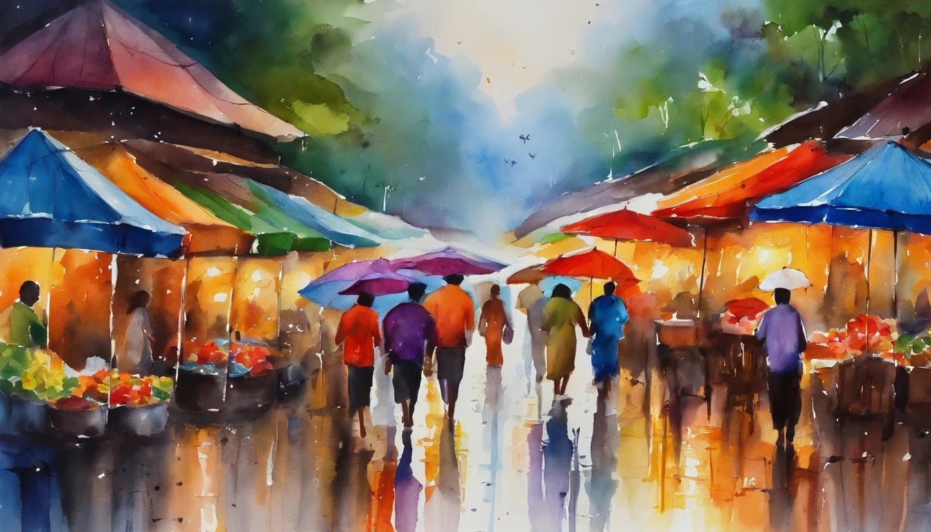 A night market from MYANMAR, RAINING SEASON, color full big umbrellas of night market, people are selling and buying, masterpiece water color art