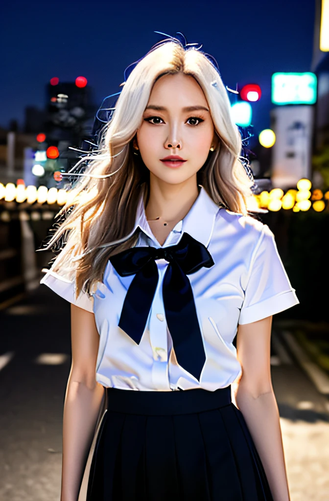 (10, RAW photo, bestquality, skill:1.3),(Realistic,photo-realistic:1.37),(nighttime),(look viewer:1.331),(White Hair),posed,Tokyo street,night scenery,Cyberpunk City,Soft light, 1girls, Very beautiful face.., Perfect body proportions, Focal Length, chesty, Hairstyle Casual, smile, s big eyes, (JK Short Sleeve_shirt), JK_style, (navy, JK._skirts), (Bow JK_Tie), mix4, detailed eyes
