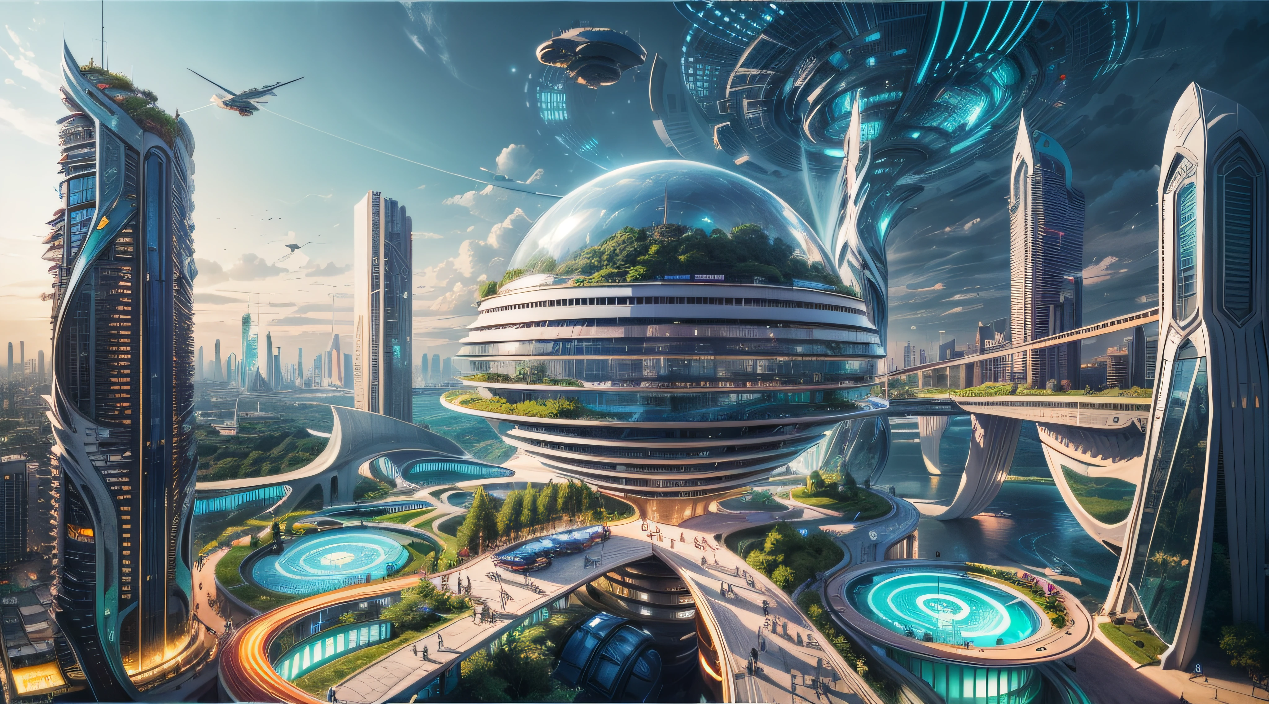 (Best quality,4K,8K,A high resolution,Masterpiece:1.2),Ultra-detailed,(Realistic,Photorealistic,photo-realistic:1.37),Futuristic floating city,Futuristic technology,Huge urban high-tech tablet platform,Airship,Floating in the sky,Futuristic city,Small airships around,High-tech hemispherical platform,Colorful lights,Advanced architecture,modernn architecture,skyscrapper,Access the cloud,Scenic beauty,view over city,Impressive design,Blend seamlessly with nature,energetic and vibrant atmosphere,Futuristic transportation system,Hanging parking,Transparent path,Lush greenery,Sky gardens,cascading waterfalls,Magnificent skyline,reflections on the water,Sparkling river,Architectural innovation,futuristic skyscrapers,Transparent dome,The shape of the building is unusual,Elevated walkway,Impressive skyline,Glowing lights,Futuristic technology,Minimalist design,Scenic spots,Panoramic view,Cloud Piercing Tower,Vibrant colors,epic sunrise,epic sunset,Dazzling light display,magical ambiance,The future city,Urban Utopia,LuxuryLifestyle,Innovative energy,sustainable development,Smart city technology,Advanced infrastructure,Tranquil atmosphere,Nature and technology live in harmony,Awesome cityscape,Unprecedented urban planning,Architecture connects seamlessly with nature,High-tech metropolis,A cutting-edge engineering marvel,The future of urban living,Visionary architectural concept,Energy-efficient buildings,Harmony with the environment,A city floating above the clouds,Utopian dreams become reality,The possibilities are endless,State-of-the-art transportation network,Green energy integration,Innovative materials,Impressive holographic display,Advanced communication system,Breathtaking aerial view,Quiet and peaceful environment,Modernist aesthetics,Ethereal beauty