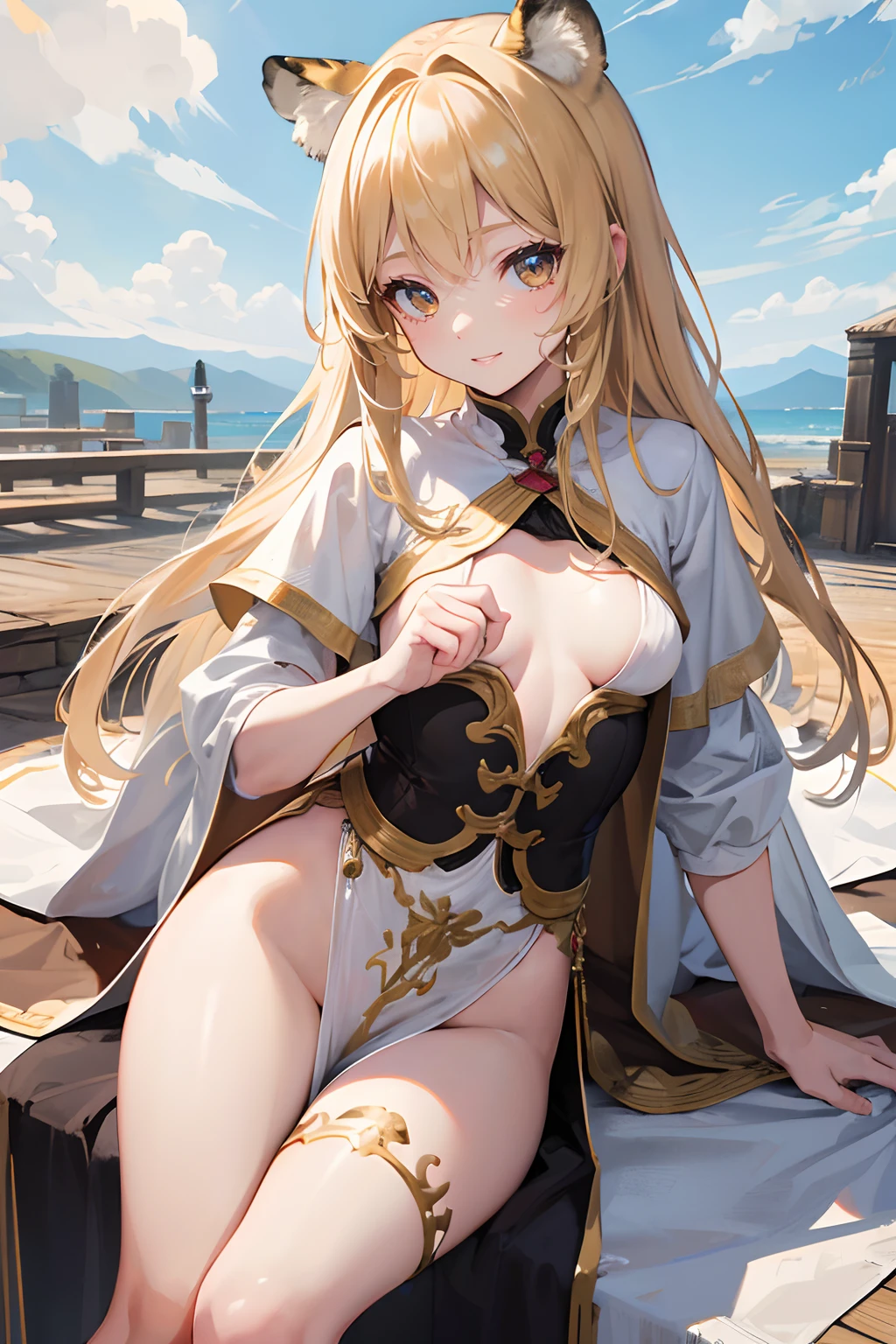 (best quality, 4k, 8k, highres, masterpiece: 1.2), ultra-detailed, (realistic, photorealistic, photo-realistic: 1.37), beautiful detailed eyes, beautiful detailed lips, 1 , loli girl, e skin, thin build, floor length hair, straight hair, blond hair, yellow eyes, tiger ears, very small breasts, smile, village, brown cape, clouds, summer