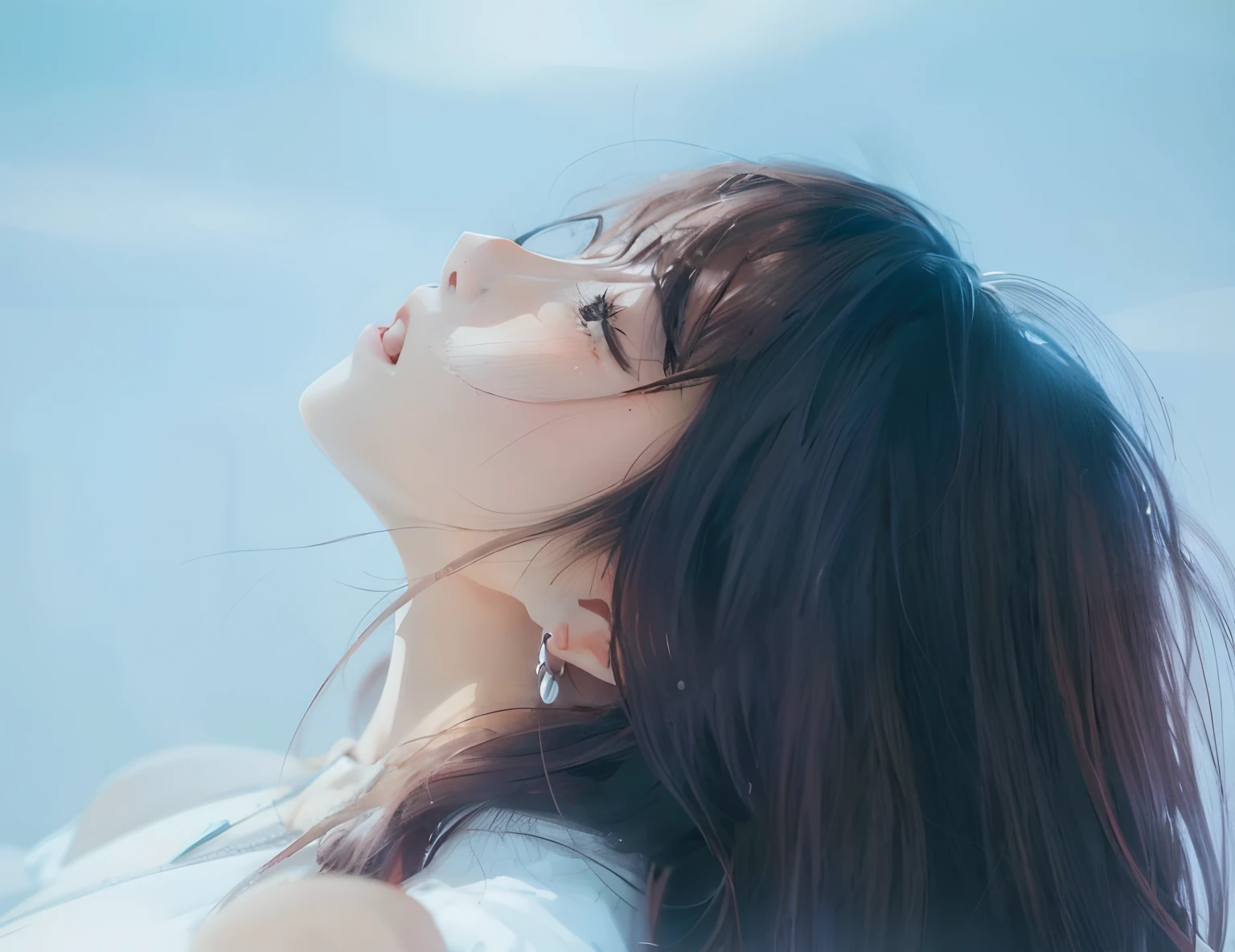 1 Korean girl, Repainted face, smooth facial features, redness on the face, no decoration on the facial features, facing upwards, eyes closed, beautiful hair, black to reddish hair, wearing a bright plain white dress, wearing earrings, red thin aunt, anime