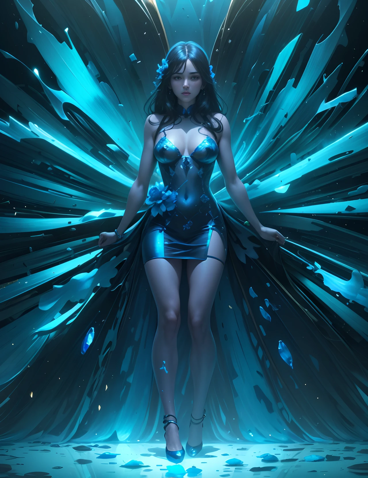 a full dynamic body shot, of a beautiful blue glass woman, and small and medium flowers made of blue glass, a greasy black background, 24k resolution