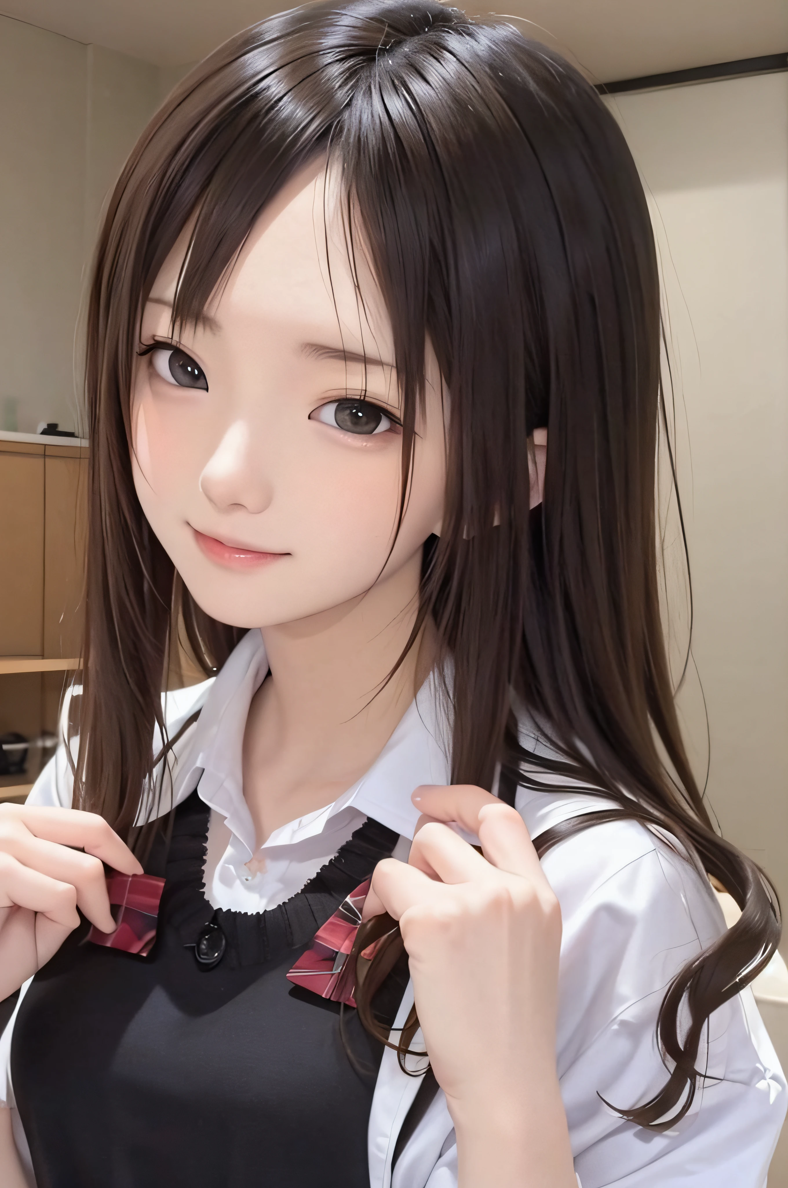 17 age、brown haired、beautidful eyes、real looking skin、hi-school girl、small tits、(8K、​masterpiece)、(reallistic、Photorealsitic)、top-quality、ighly detailed、The ultra-detailliert、Beautie、cute little、japanes、a smile、Close-up portrait、Healthy face、School uniform、plaid skirts