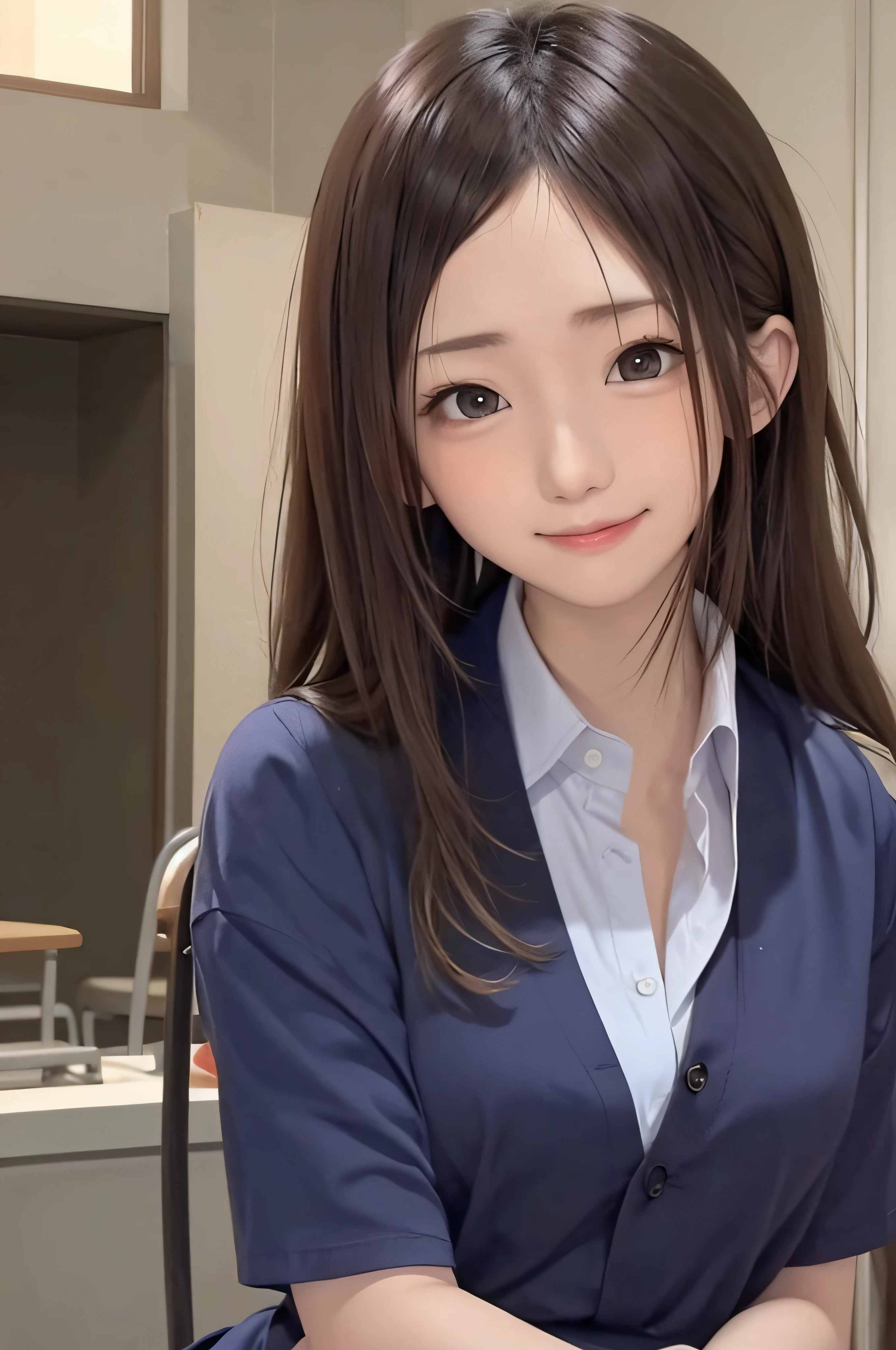 、brown haired、beautidful eyes、real looking skin、hi-school girl、small tits、(8K、masterpiece)、(reallistic、Photorealsitic)、top-quality、ighly detailed、The ultra-detailliert、Beautie、cute little、japanes、a smile、Close-up portrait、Healthy face、School uniform、plaid skirts