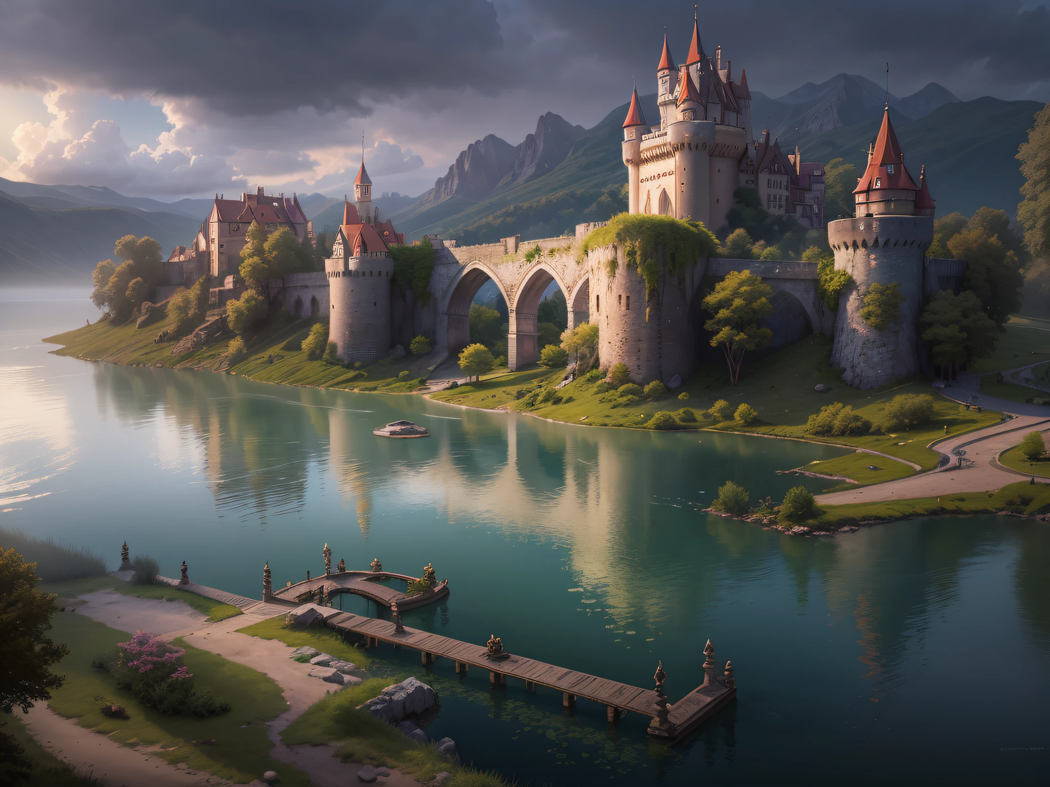 fantasy art, RPG art, photographic, National Geographic quality picture, award winning, (Best Detailed: 1.5), (best quality: 1.5) picture of an epic 1solocastle near the lake at dawn, the Middle ages castle is master crat artistry, there are (4 towers: 1.2), (massive walls: 1.2), (barbicans: 1.2), (flags: 1.2), ( a bridge: 1.2), the entire castle is being reflected in the lake in a perfect image (Best details, Best quality: 1.5), the lake is calm and placid, its dawn, the sun is rising, there some light clouds in the sky, and sun rays, behind the castle there is a missive snowy mountain as background best quality, (extremely detailed), ultra wide shot, photorealism, depth of field, hyper realistic, 2.5 rendering,