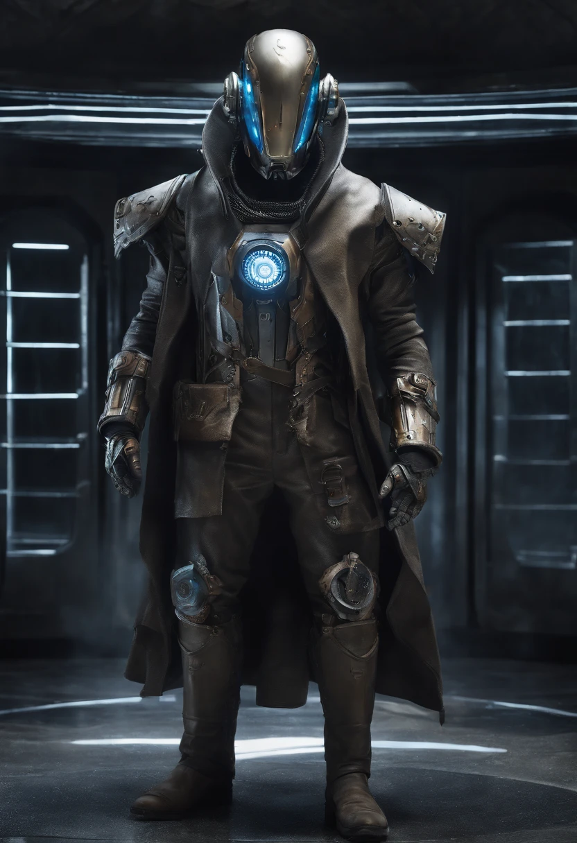 Visualize a male android, a striking fusion of human-like form and advanced machinery, standing in a post-apocalyptic wasteland. His sleek metallic body is both rugged and refined, reminiscent of iconic android characters from popular concept art. The android is dressed in a tattered, weather-worn duster coat, which flows dramatically in the wind. The coat, a patchwork of faded leather and aged fabric, exudes a sense of history and battle-tested experience. Beneath the coat, his sculpted, mechanical torso is visible, adorned with exposed gears and circuitry reminiscent of iconic cybernetic characters. These intricate details give him an air of technological sophistication. A broad-brimmed hat rests atop his head, casting his artificial face in shadow, just as popular android concept art often conceals facial features in mystery. Only one eye, a piercing blue light like those seen in renowned android designs, glows beneath the hat's shadow, conveying an aura of enigmatic determination. The lower half of his face is exposed, revealing a chiseled jawline and a set of mechanical lips. This juxtaposition of human and mechanical elements adds depth and intrigue to his appearance. One of his arms, an intricate masterpiece of polished chrome and intricate design, terminates in a hand that clutches a futuristic six-shooter. This weapon, with its intricate and ornate design, mirrors the iconic firearms often seen in cybernetic and android concept art. In this moment, amidst the desolation of the wasteland, the android stands as a captivating embodiment of popular android character concepts. The wind stirs his coat, creating a dynamic and visually arresting tableau. The Stranger is poised for action, a male android who captures the essence of technological prowess and mysterious determination.