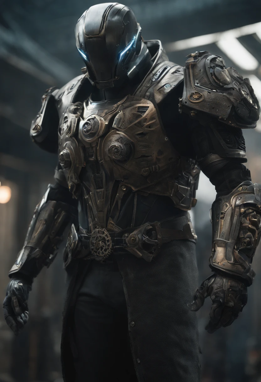 Visualize a male android, a striking fusion of human-like form and advanced machinery, standing in a post-apocalyptic wasteland. His sleek metallic body is both rugged and refined, reminiscent of iconic android characters from popular concept art. The android is dressed in a tattered, weather-worn duster coat, which flows dramatically in the wind. The coat, a patchwork of faded leather and aged fabric, exudes a sense of history and battle-tested experience. Beneath the coat, his sculpted, mechanical torso is visible, adorned with exposed gears and circuitry reminiscent of iconic cybernetic characters. These intricate details give him an air of technological sophistication. A broad-brimmed hat rests atop his head, casting his artificial face in shadow, just as popular android concept art often conceals facial features in mystery. Only one eye, a piercing blue light like those seen in renowned android designs, glows beneath the hat's shadow, conveying an aura of enigmatic determination. The lower half of his face is exposed, revealing a chiseled jawline and a set of mechanical lips. This juxtaposition of human and mechanical elements adds depth and intrigue to his appearance. One of his arms, an intricate masterpiece of polished chrome and intricate design, terminates in a hand that clutches a futuristic six-shooter. This weapon, with its intricate and ornate design, mirrors the iconic firearms often seen in cybernetic and android concept art. In this moment, amidst the desolation of the wasteland, the android stands as a captivating embodiment of popular android character concepts. The wind stirs his coat, creating a dynamic and visually arresting tableau. The Stranger is poised for action, a male android who captures the essence of technological prowess and mysterious determination.