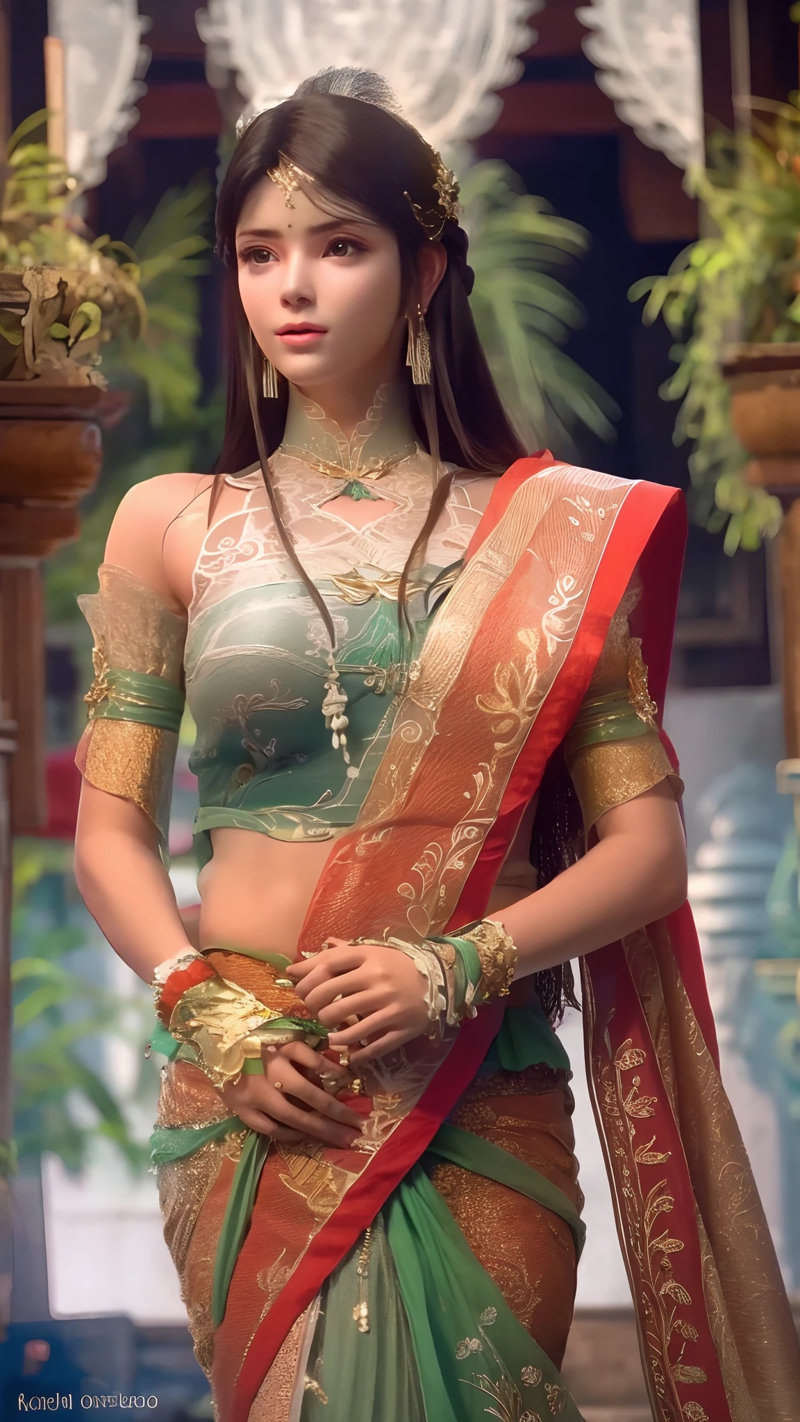 a woman in a sari posing for a picture, indian goddess, traditional beauty, indian, beautiful goddess, ornate cosplay, indian style, indian super model, beautiful maiden, gorgeous woman, south east asian with long, provocative indian, gorgeous beautiful woman, intricate outfit, hindu aesthetic, beautiful asian girl, extremely detailed goddess shot, jaw-dropping beauty, big boobs deep cleavage sexy navel, big boobs deep cleavage, sexy indian women, massive boobs in sexy bikni fusion full body