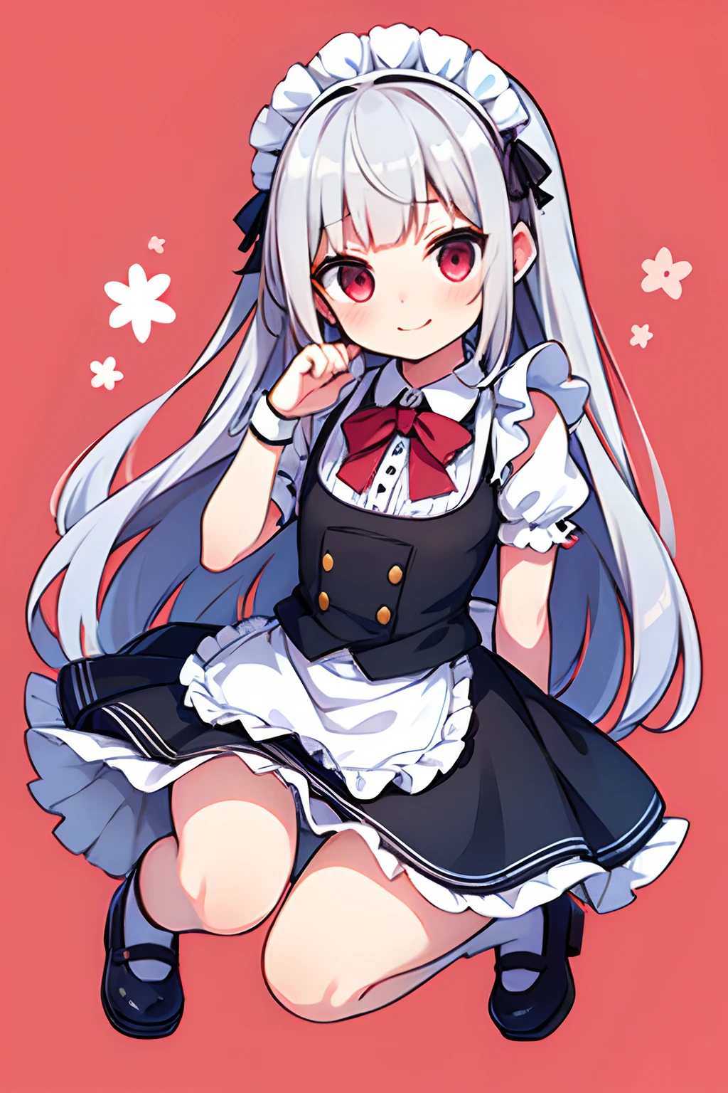 8K picture quality,silber hair,Red-eyed girl,cute little ,Long hair,Heartwarming,a miniskirt,ta,A smile,Thumbnail styles,maid clothes,fluffly,full body Esbian,Embarrassed expression