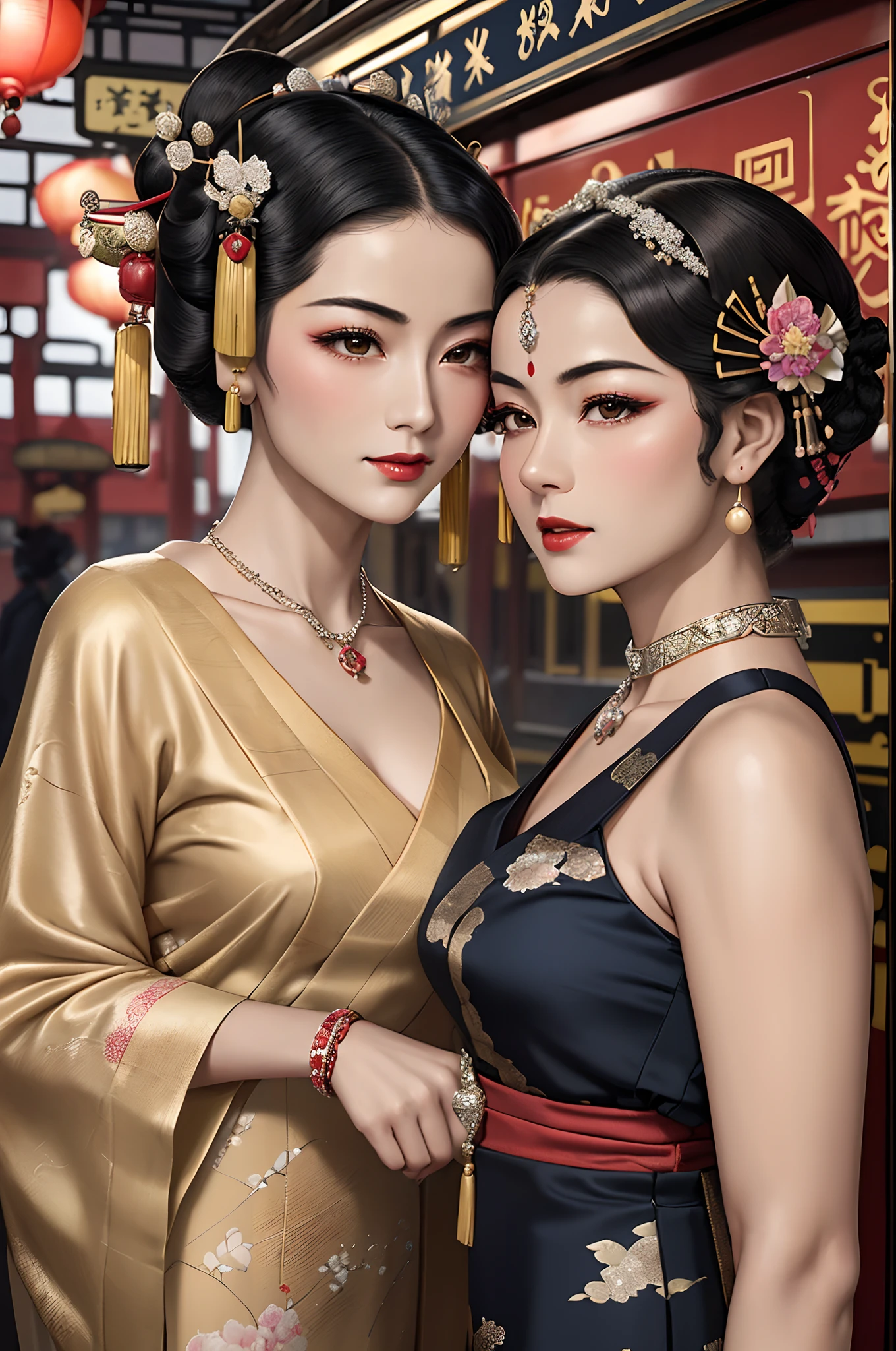 Two beautiful girls,leering:1.4, Lovers, lesbians,(in the railway station 1920's Shanghai,retro train background:1.6),(Geisha hairstyle,Geisha hairstick:1.6,Geisha hair ornament,armlets, bangle:1.3),Dodge kisses,bauhaus, bulgari, official valentino editorial,half-open lips, Suck your lips firmly, Drooling, elegant, Brilliant, Beautiful, Blush (0.2), Gorgeous, Beautiful, Gorgeous, gentle, Starry sky, Milky Way, Summer triangle, Tanabata and bamboo ornaments, Precise drawings, a detailed drawing,