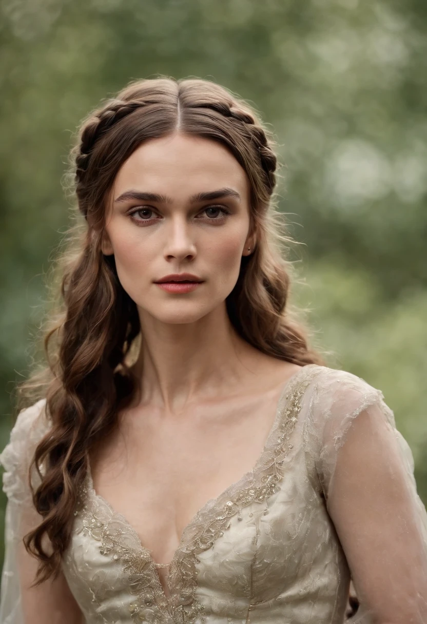 Keira Knightley,Comb a lot of small braids,Heavy makeup,Stand at the bow of the pirate ship,Wearing a princess dress,Pure desire,dark stormy clouds