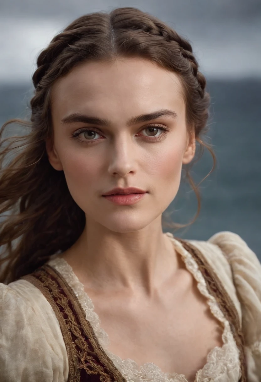Keira Knightley,Comb a lot of small braids,Heavy makeup,Stand at the bow of the pirate ship,Wearing a princess dress,Pure desire,dark stormy clouds