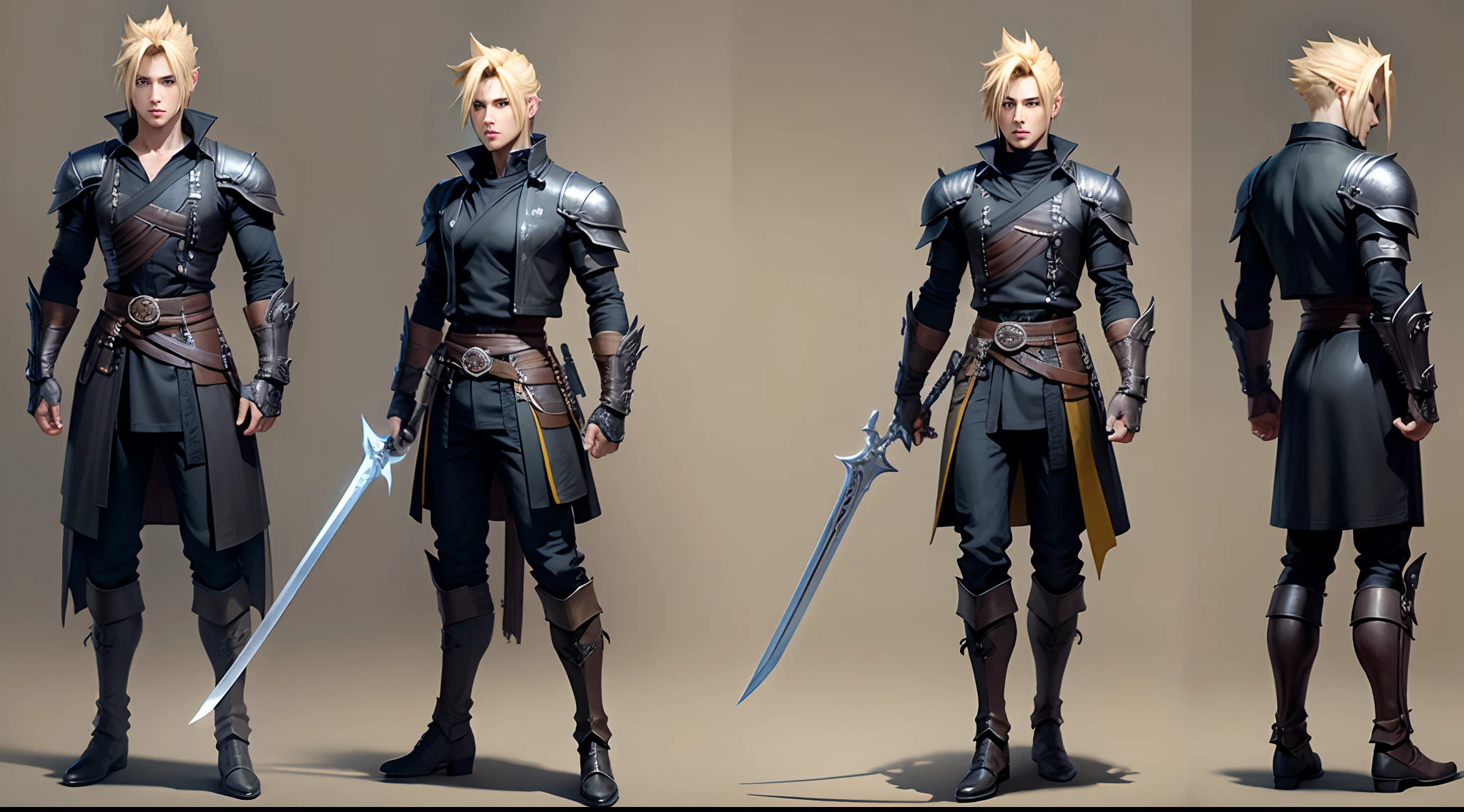 Hair yellow young male holding a sword final fantasy character cloud Strife wearing black clothes detailed  concept art Fantasy