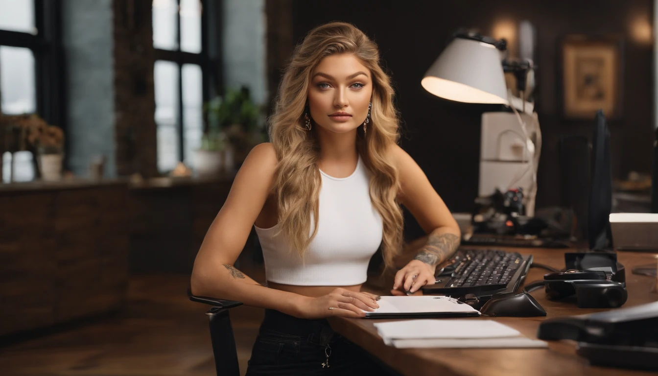 araffed Gigi Hadid with long blond hair and earrings sitting at a desk with a computer and a keyboard, looking at camera, , fully tattooed arms , as a youtuber, looking at viewer , explaining with a whiteboard , a photo by Arthur Sarkissian, tumblr, renaissance, most beautiful woman on earth, attractive beautiful face, blonde hair and large eyes, 20 years old, cinematic lens, wearing white Knitted Sleeveless Tank Tops, photorealistic fujifilm , detailed face , detailed eyes .