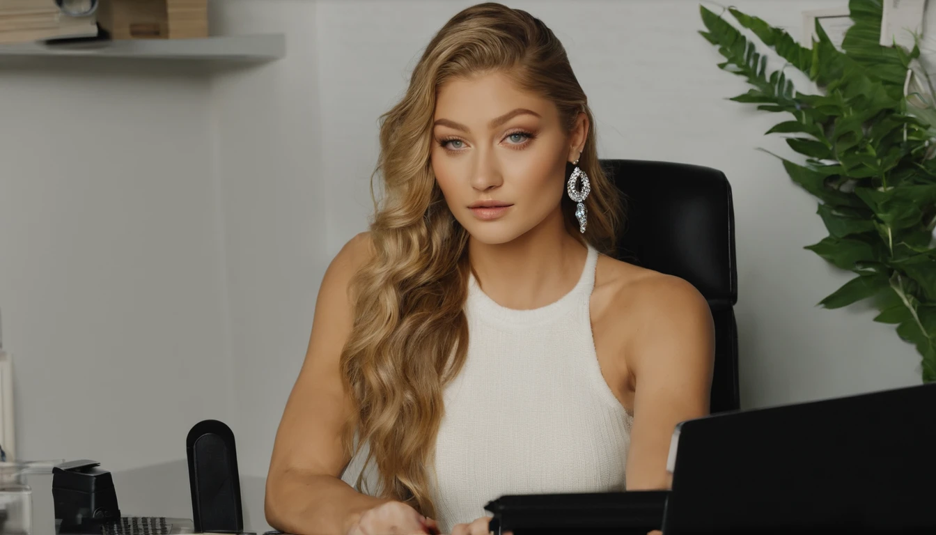 araffed Gigi Hadid with long blond hair and earrings sitting at a desk with a computer and a keyboard, looking at camera, , fully tattooed arms , as a youtuber, looking at viewer , explaining with a whiteboard , a photo by Arthur Sarkissian, tumblr, renaissance, most beautiful woman on earth, attractive beautiful face, blonde hair and large eyes, 20 years old, cinematic lens, wearing white Knitted Sleeveless Tank Tops, photorealistic fujifilm , detailed face , detailed eyes .