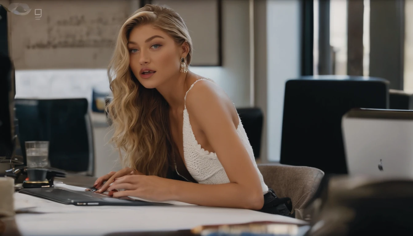 araffed Gigi Hadid with long blond hair and earrings sitting at a desk with a computer and a keyboard, looking at camera, , fully tattooed arms , as a youtuber, looking at viewer , explaining with a whiteboard , a photo by Arthur Sarkissian, tumblr, renaissance, most beautiful woman on earth, attractive beautiful face, blonde hair and large eyes, 20 years old,  cinematic lens, wearing white Knitted Sleeveless Tank Tops, photorealistic fujifilm , detailed face , detailed eyes .