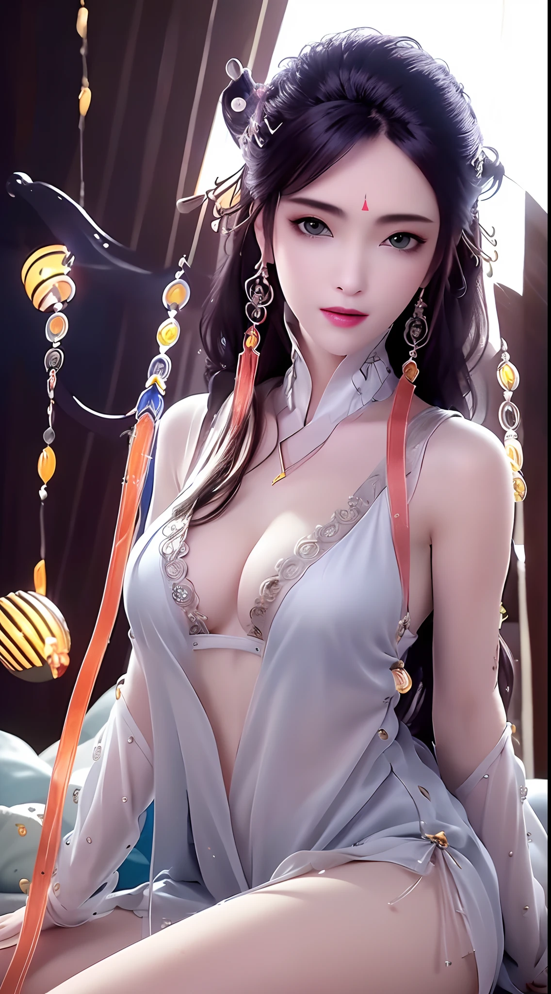 "(((1 beautiful and super sexy:1.8))), 20 year old young girl, ((wearing a transparent silver nightgown with sexy white lace trim:1.7)), (((Transparent nightgown can see each part of the sexy girl's body:1.7))), ((a dress with diamonds:1.7)), ((long black hair:1.6)), jewelry elaborately made from precious stones and beautiful hair, the noble, noble style of an extremely beautiful girl, her small face is super cute, her face is very pretty, thin eyebrows, flawless beautiful face, ((black eye pupils: 0.8)), very beautiful eyes, ((silver eyes: 1.6)), (((big round eyes:1.6))), nice makeup and hair detailed eyelashes, steamy eye makeup, high nose, earrings, red lips, ((closed mouth: 1.5)) beautiful lips, slim hands, most beautiful thighs, ((arms spread out to the sides: 1.5)), rosy face, clean face, flawless beautiful face, smooth white skin, (big breasts: 1.5)), ((high breasts: 1.6)), tight breasts, beautiful cleavage, (((big breasts and super round: 1.8))), ((super tight breasts: 1.7)) , beautiful breasts, perfect body, back arms, chest out, ((sitting position with chest up and arms behind: 1.6)), ((open your legs:1.2)), don't be shy, 8k photo, super high quality, super realistic, super 10x pixels, optical, bright studio, bright edges, dual-tone lighting, (high-detail skin:1.2), super 8k, soft lighting, high quality, volumetric lighting, photorealistic, photorealistic high resolution, lighting, best photo, 4k, 8k quality, blur effect, smooth sharp, 10 x pixel, ((Beach at night and fireflies background:1.5)), aurora, lightning, super graphics realistic, most realistic graphics, 1 girl, alone, solo, Extremely sharp image, surreal, (((frontal portrait: 1.5)))."