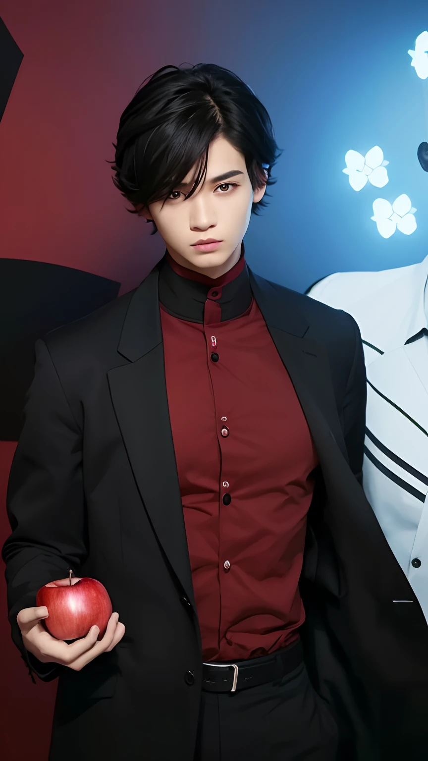 1boy, black hair, take red apple, black jacket, black eyes, red shirts, realistic, ultra detail, 70mn lens