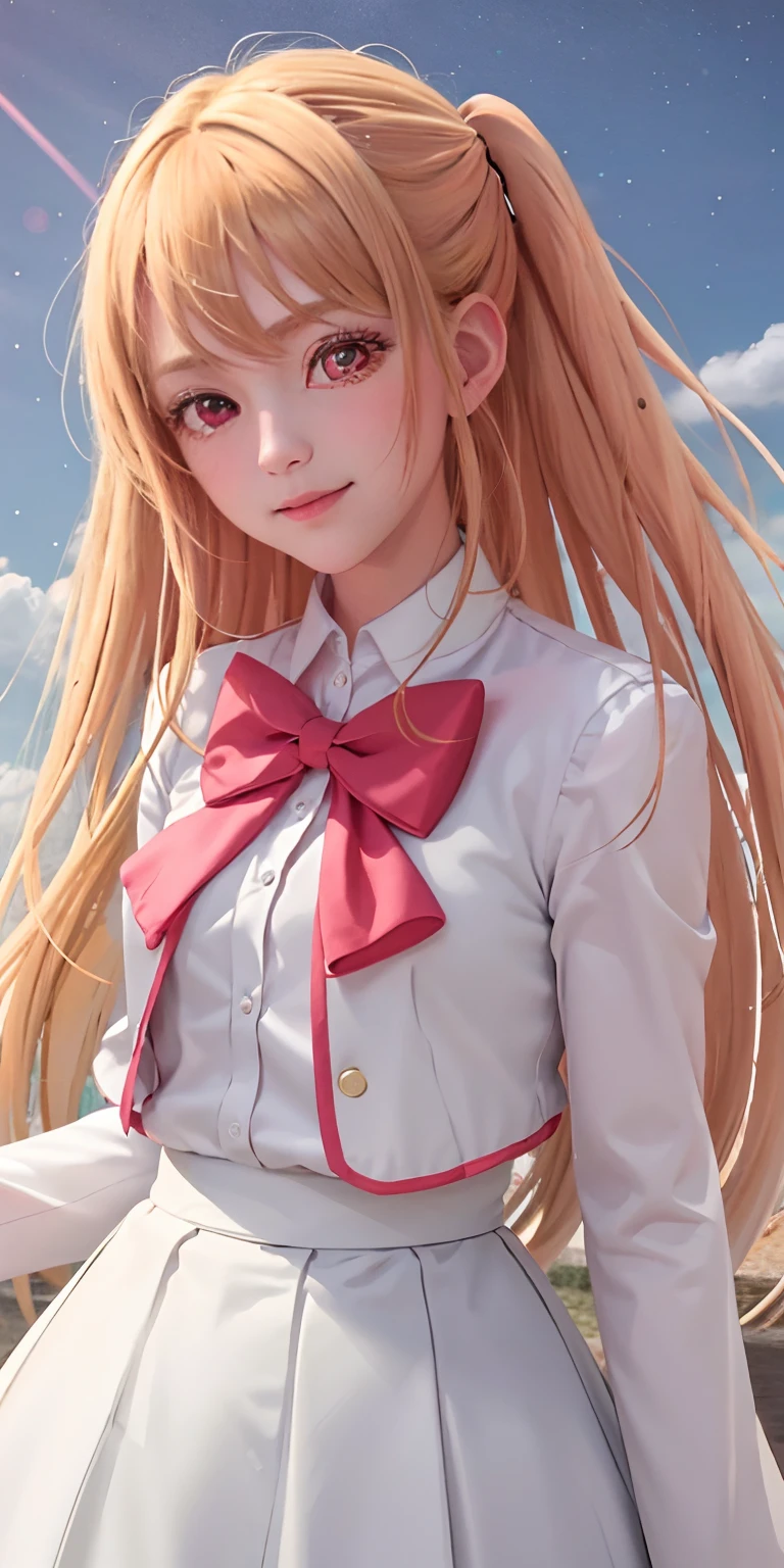 hoshinoruby, 1girl, solo, medium breasts, skirt, blonde hair, black vest, socks, brown footwear, bow, school uniform, long hair, shoes, jacket, white socks, bowtie, loafers, blush, kneehighs, pink bow, grey skirt, blue jacket, open jacket, pink eyes, shirt, one side up, white skirt, white shirt, long sleeves, star-shaped pupil outdoor, sunny, daytime, city, building standing, upper body