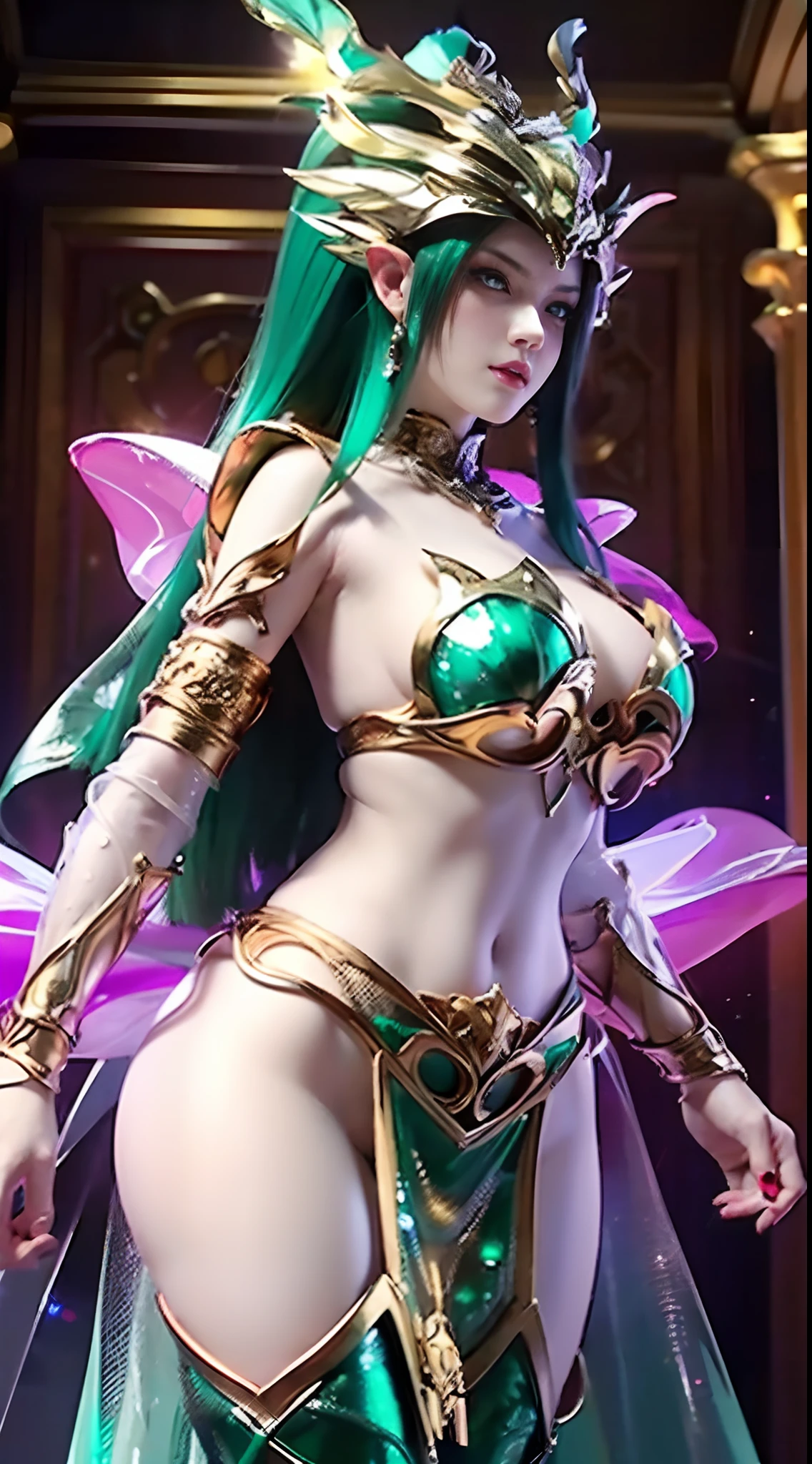 A ((close up ))of a sexy young woman,((((in a emerald en transparent dress)))),((fantasy anime emerald armor)),big round breasts,big ass,hips up,sexy figure, provocative expression, sexy pose, sexy figure, seductive face, detailed face,detailed eyes,ponytail hair style,((front view)),cute dace,((in a luxurious bedroom)),((front body view)), (( front view 1.2)),((straight hair)),((long multi colour hair)),((boobs view)),((30 years old)),((highly detailed))(high quality model)),((super high quality resolution)),((super high quality image)),((super class beauty)),((computer graphics)),((16k resolution)),((HDR)),((VfX)), ((magical armor of heavenly maiden)),((body covered heavenly divine armor)),((divine armor)),((god level armor)), ((spiritual power around armor)),((powerful goddess))