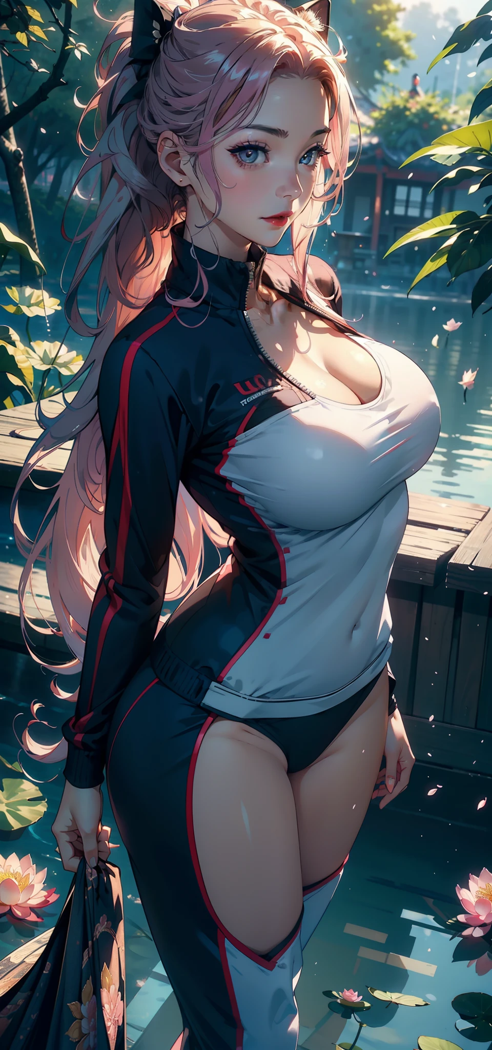 1female，35yo，A MILF，熟妇，Married Woman，plumw，extremely large bosom， 独奏，（Background with：lakes，Cherry blossom forest，lotus flower）Lie underwater， She has long pink hair，standing on your feet，seen from the front，， mostly cloudy sky，（（（tmasterpiece），（Very detailed CG unity 8K wallpaper），best qualtiy，cinmatic lighting，detailed back ground，beatiful detailed eyes，Bright pupils，Black eyes，Snow-whiteskin，Redlip（Very fine and beautiful），（Beautiful and detailed eye description），ultra - detailed，tmasterpiece，））facing at camera，A high resolution，ultra - detailed），revealing breasts，Bare genitalia，  Bulge，legs are open，Raised sexy，Camel toes，Flushed complexion，Desire for dissatisfaction，ssmile，frontage，（Wearing：track suit）