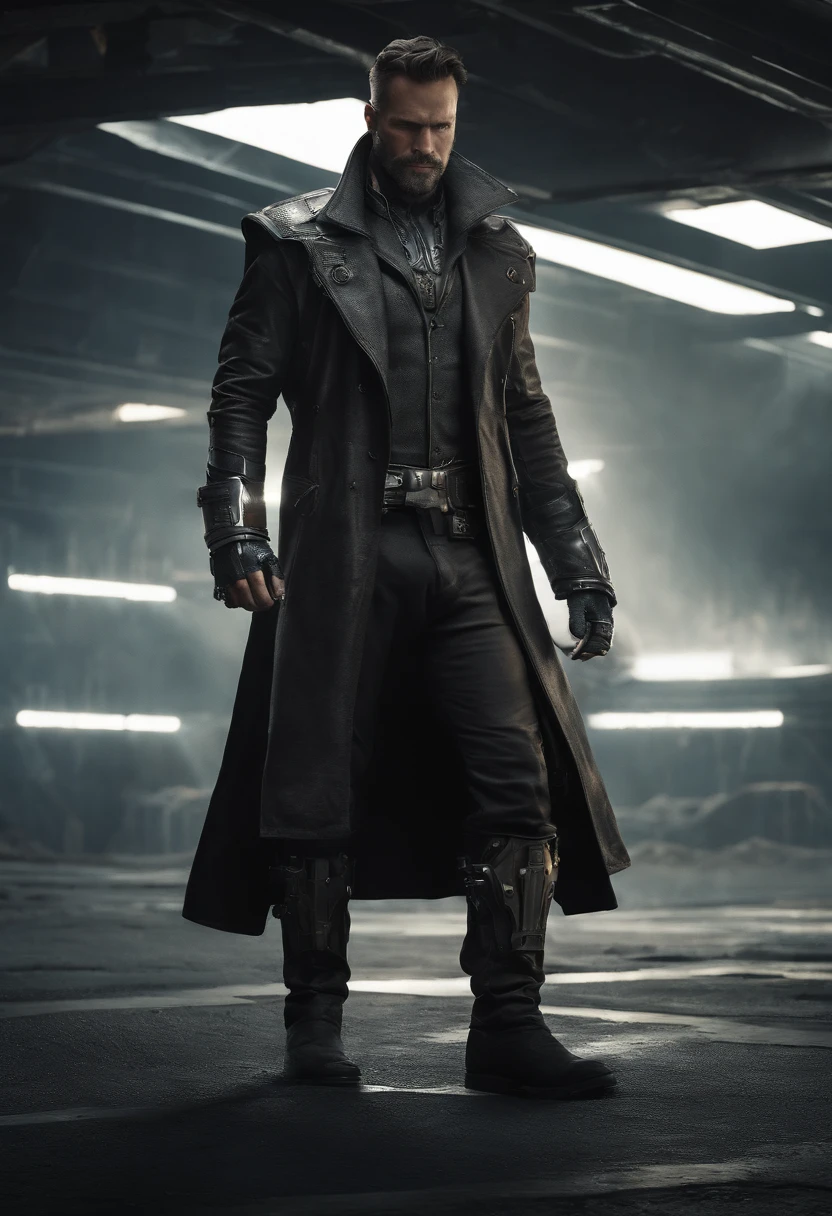 Visualize a male android, a striking fusion of human-like form and advanced machinery, standing in a post-apocalyptic wasteland. His sleek metallic body is both rugged and refined, reminiscent of iconic android characters from popular concept art. The android is dressed in a tattered, weather-worn duster coat, which flows dramatically in the wind. The coat, a patchwork of faded leather and aged fabric, exudes a sense of history and battle-tested experience. Beneath the coat, his sculpted, mechanical torso is visible, adorned with exposed gears and circuitry reminiscent of iconic cybernetic characters. These intricate details give him an air of technological sophistication. A broad-brimmed hat rests atop his head, casting his artificial face in shadow, just as popular android concept art often conceals facial features in mystery. Only one eye, a piercing blue light like those seen in renowned android designs, glows beneath the hat's shadow, conveying an aura of enigmatic determination. The lower half of his face is exposed, revealing a chiseled jawline and a set of mechanical lips. This juxtaposition of human and mechanical elements adds depth and intrigue to his appearance. One of his arms, an intricate masterpiece of polished chrome and intricate design, terminates in a hand that clutches a futuristic six-shooter. This weapon, with its intricate and ornate design, mirrors the iconic firearms often seen in cybernetic and android concept art. In this moment, amidst the desolation of the wasteland, the android stands as a captivating embodiment of popular android character concepts. The wind stirs his coat, creating a dynamic and visually arresting tableau. The Stranger is poised for action, a male android who captures the essence of technological prowess and mysterious determination.