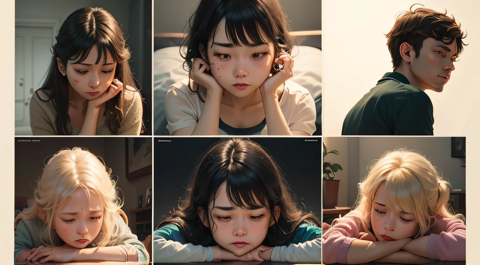 a person sitting, a thought bubble filled with various scenes like happy, sad and neutral moments from their past experiences.