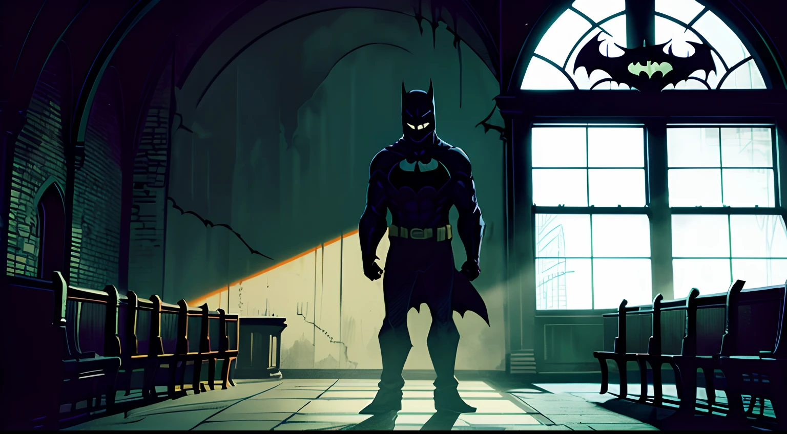 currupt batman, standing, dark shadowy figure, creepy laugh, scary, inside gotham church, night time