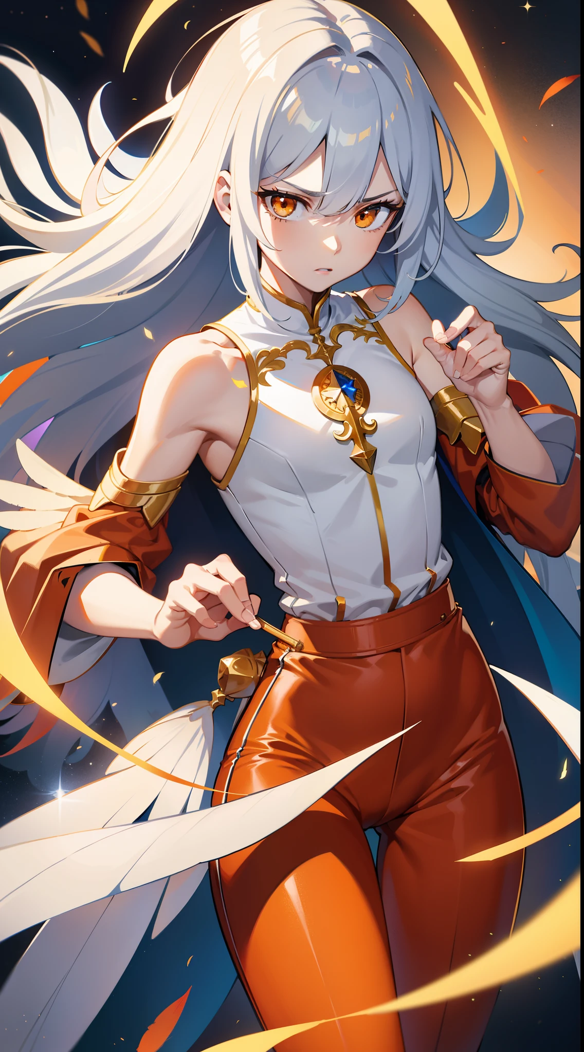 Tall guy, Long silver hair, Orange Eyes, white tight top, Blue Pants, Gold Elements, feathers, one wing, anger, 4k, HD, Good detail