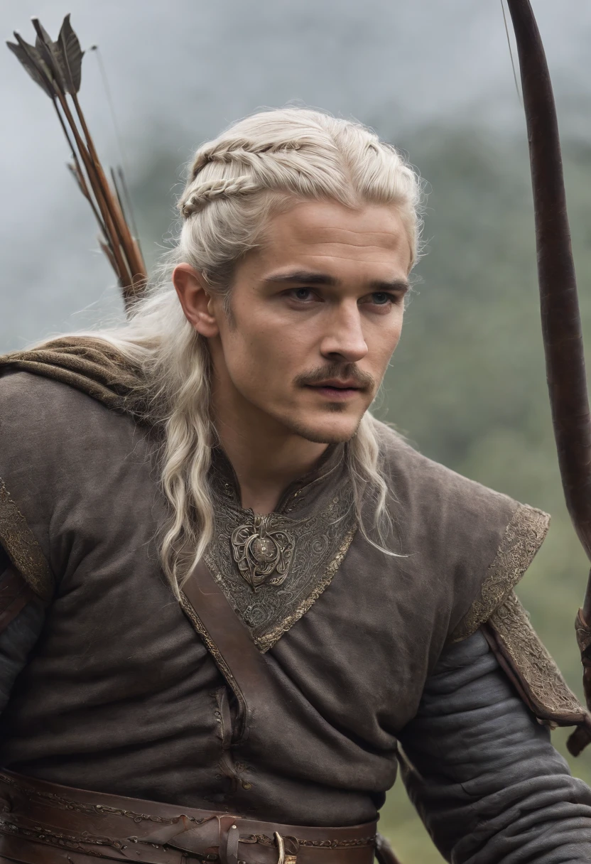 Orlando Bloom,elf prince,The long silver hair is very smooth,Standing on the corpse of a dead giant elephant,holding a bow and arrow,The expression is calm,at the battlefield,dark stormy clouds