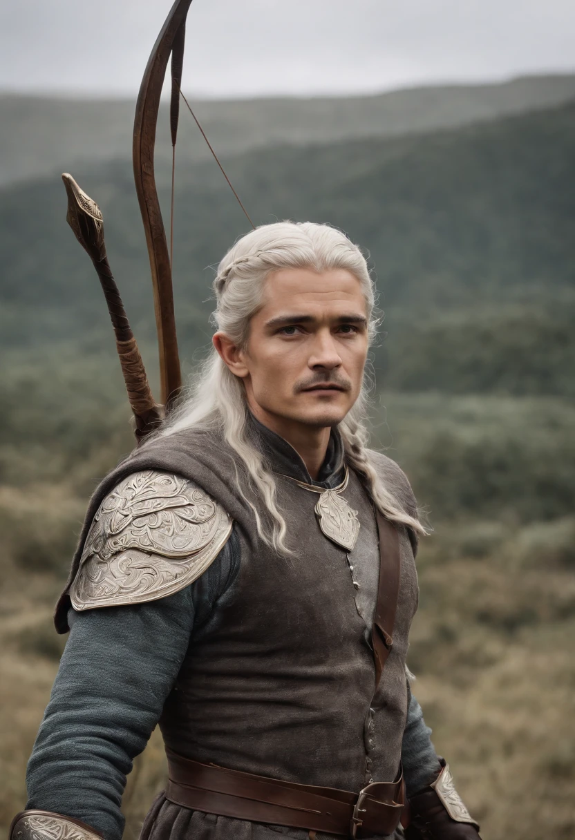 Orlando Bloom,elf prince,The long silver hair is very smooth,Standing on the ?????? of a dead giant elephant,holding a bow and arrow,The expression is calm,at the battlefield,dark stormy clouds