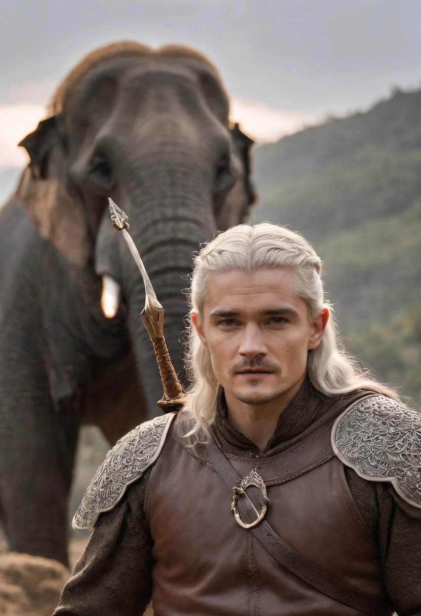 Orlando Bloom，elf prince，The long silver hair is very smooth，Standing on the corpse of a dead giant elephant，holding a bow and arrow，The expression is calm，at the battlefield，dark stormy clouds