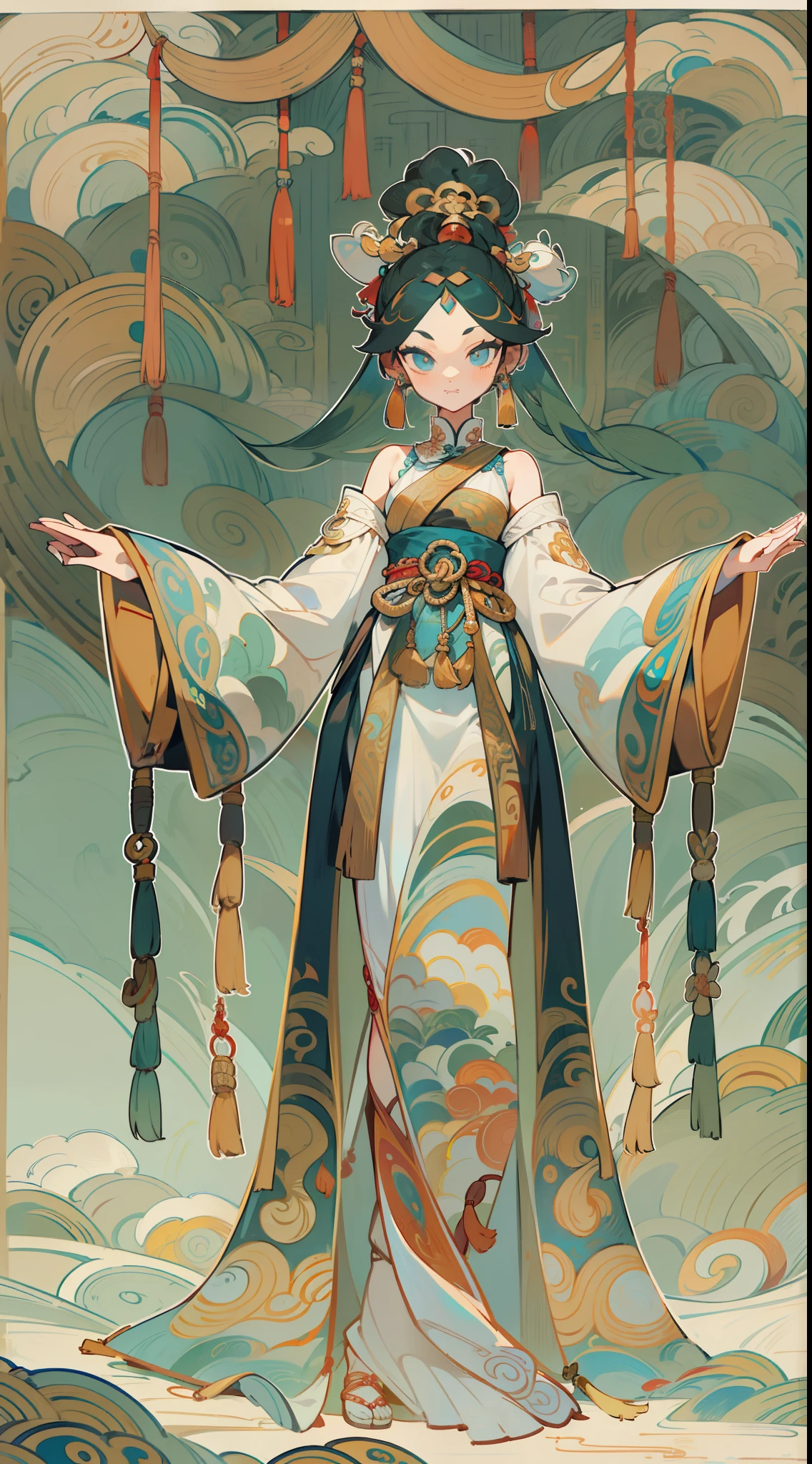 An ancient Chinese beauty,Dance,The ornate costumes are embroidered with intricate embroidery,A long transparent colored streamer is tied around the arm,flowy,Open navel,cropped shoulders,Bare neck,Yingluo,Black coiled hair bun hairpin hairband,The armband is tied with a streamer,Bracelet,Anklets,full bodyesbian,Faraway view,A metal chain tassel is tied around the waist,Mogao Cave Art,Inspiration for the Dunhuang flying mural,water ink,