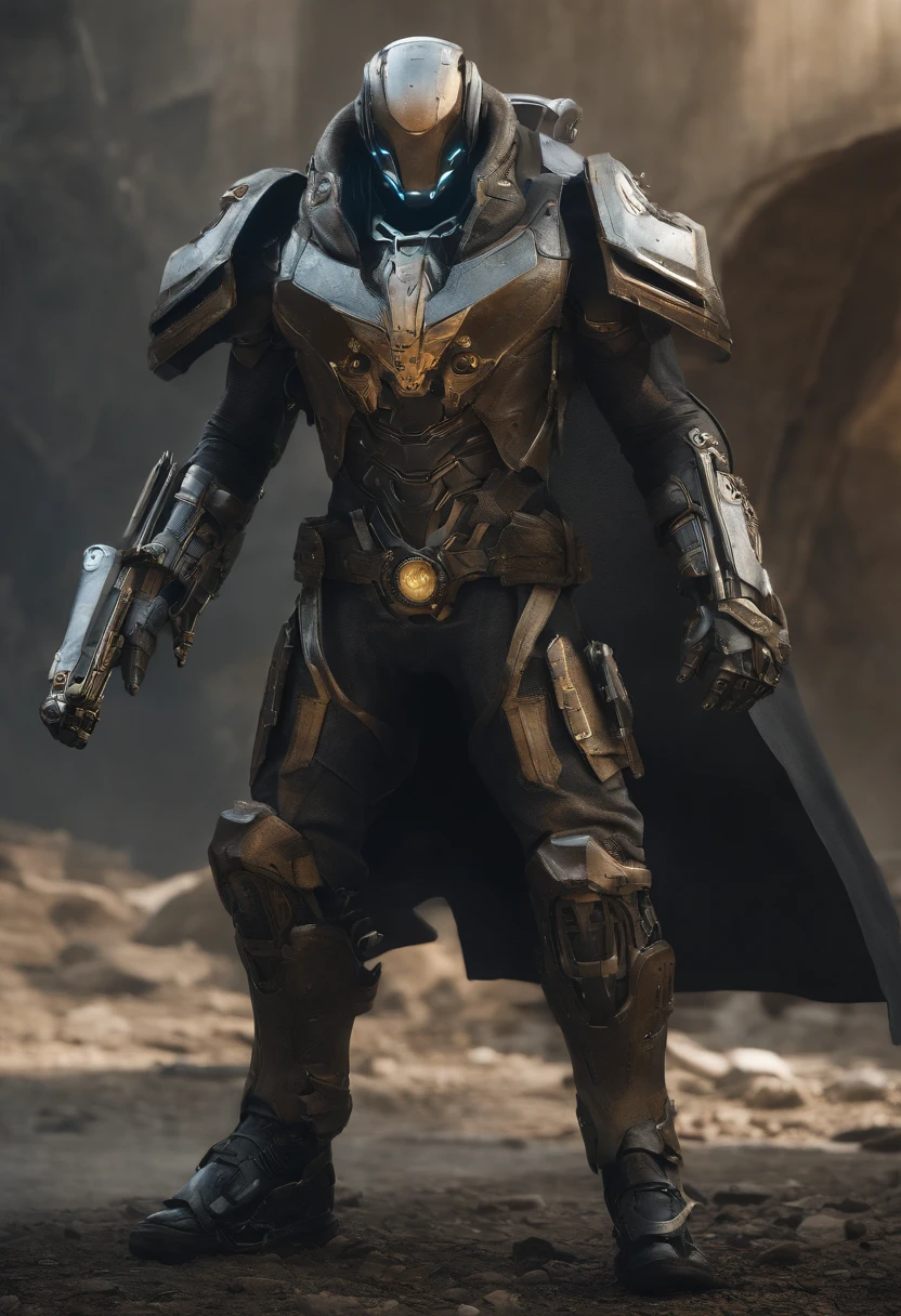 Visualize a male android, a striking fusion of human-like form and advanced machinery, standing in a post-apocalyptic wasteland. His sleek metallic body is both rugged and refined, reminiscent of iconic android characters from popular concept art. The android is dressed in a tattered, weather-worn duster coat, which flows dramatically in the wind. The coat, a patchwork of faded leather and aged fabric, exudes a sense of history and battle-tested experience. Beneath the coat, his sculpted, mechanical torso is visible, adorned with exposed gears and circuitry reminiscent of iconic cybernetic characters. These intricate details give him an air of technological sophistication. A broad-brimmed hat rests atop his head, casting his artificial face in shadow, just as popular android concept art often conceals facial features in mystery. Only one eye, a piercing blue light like those seen in renowned android designs, glows beneath the hat's shadow, conveying an aura of enigmatic determination. The lower half of his face is exposed, revealing a chiseled jawline and a set of mechanical lips. This juxtaposition of human and mechanical elements adds depth and intrigue to his appearance. One of his arms, an intricate masterpiece of polished chrome and intricate design, terminates in a hand that clutches a futuristic six-shooter. This weapon, with its intricate and ornate design, mirrors the iconic firearms often seen in cybernetic and android concept art. In this moment, amidst the desolation of the wasteland, the android stands as a captivating embodiment of popular android character concepts. The wind stirs his coat, creating a dynamic and visually arresting tableau. The Stranger is poised for action, a male android who captures the essence of technological prowess and mysterious determination.