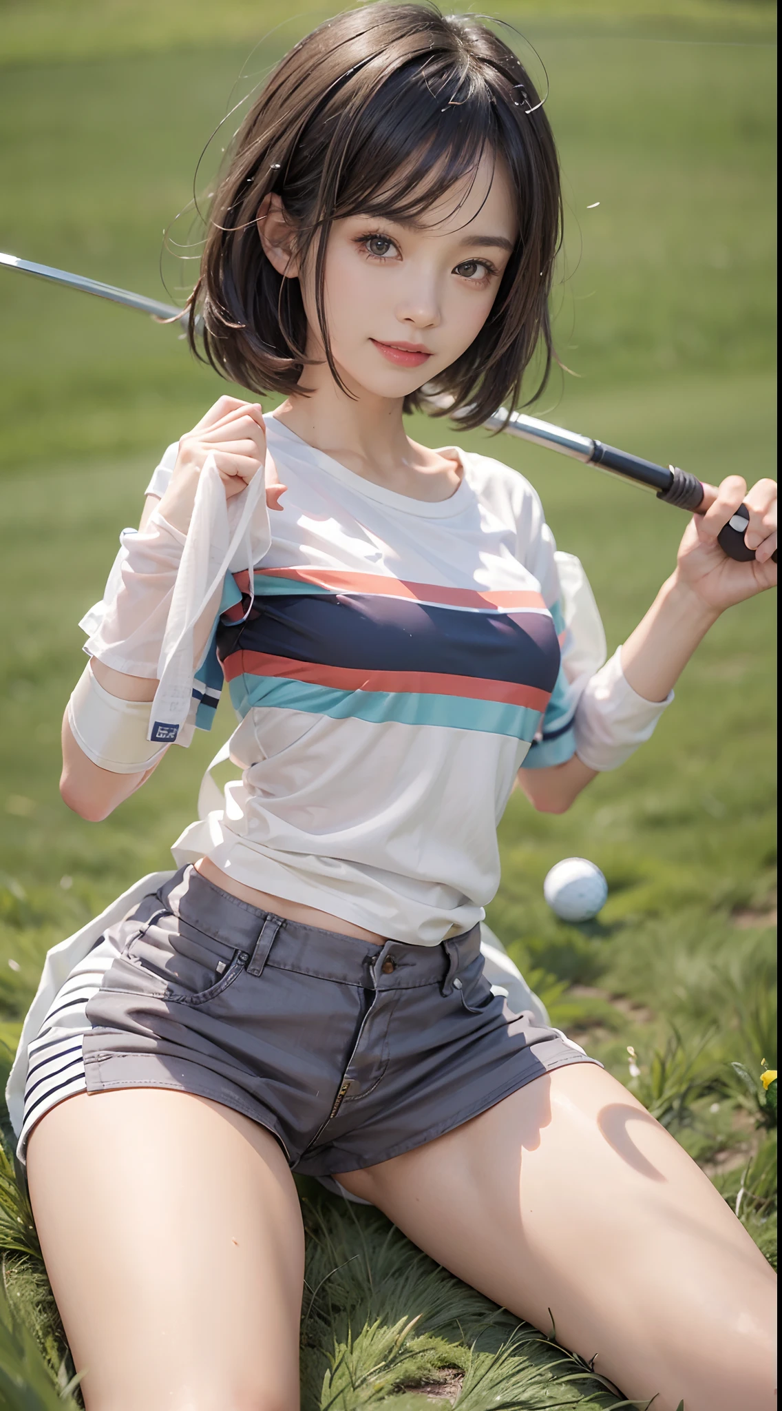 (NSFW), 1womanl, Solo, 24 year old, 7headed body, (cute face), (Ideal ratio body proportions), ((Composition from head to thigh)), golf course, Golf Wear, erectile nipple, Sexy body, Wet, Smiling smile, short-hair, Dark hair, small tits, A slender, Small buttocks, beauty legs, Skinny Legs, surrealism, Cinematic lighting, depth of fields, One-person viewpoint, F/1.8, 135 mm, nffsw, masutepiece, ccurate, ((Anatomically correct)), Textured skin, Super Detail, high details, High quality, awardwinning, Best Quality, hight resolution, 8K