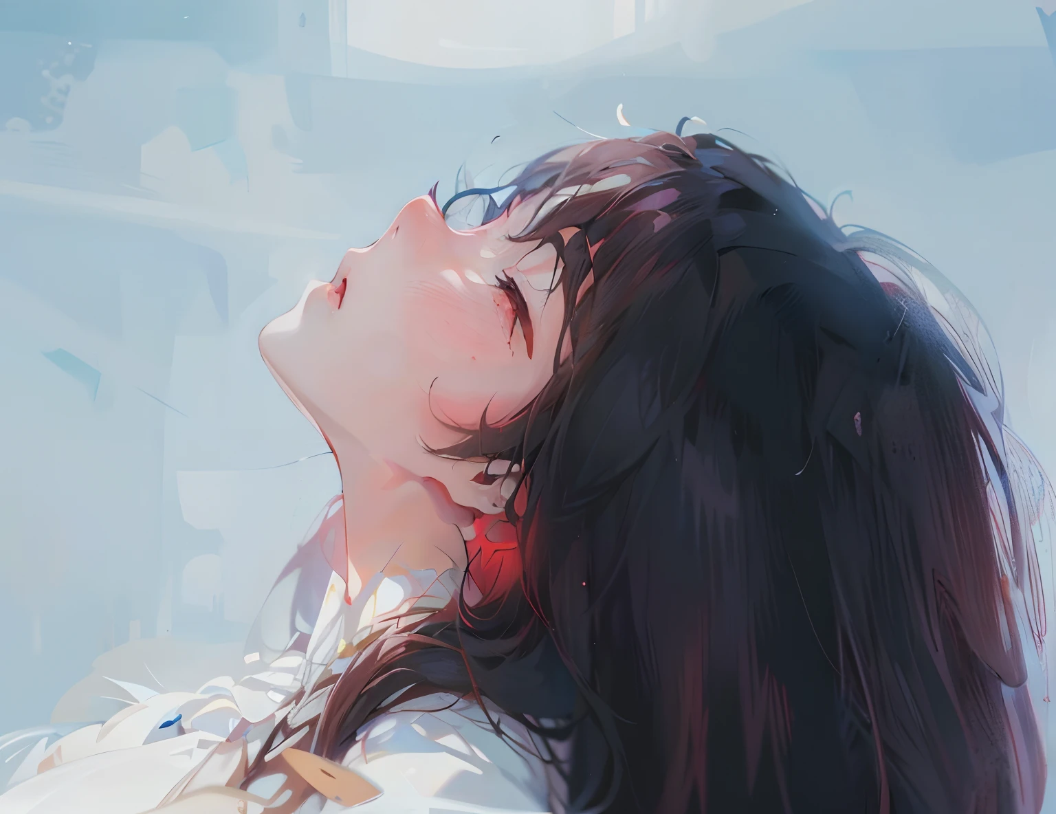 1 Korean girl, Repainted face, smooth facial features, redness on the face, no decoration on the facial features, facing upwards, eyes closed, beautiful hair, black to reddish hair, wearing a bright plain white dress, wearing earrings, red thin aunt, anime