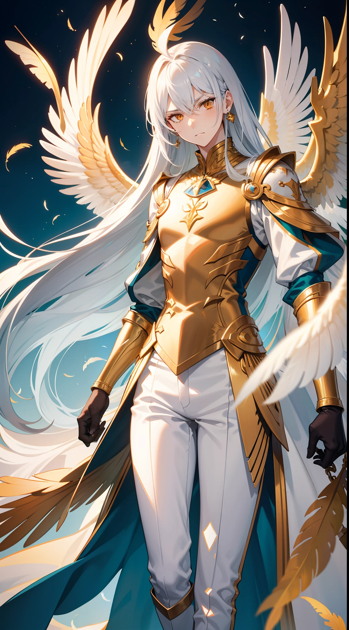 Tall guy, Long silver hair, Orange Eyes, white tight top, Blue Pants, Gold Elements, feathers, one wing, anger, 4k, HD, Good detail
