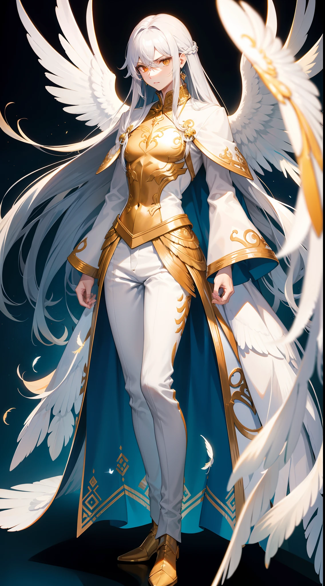 Tall guy, Long silver hair, Orange Eyes, white tight top, Blue Pants, Gold Elements, feathers, one wing, anger, 4k, HD, Good detail