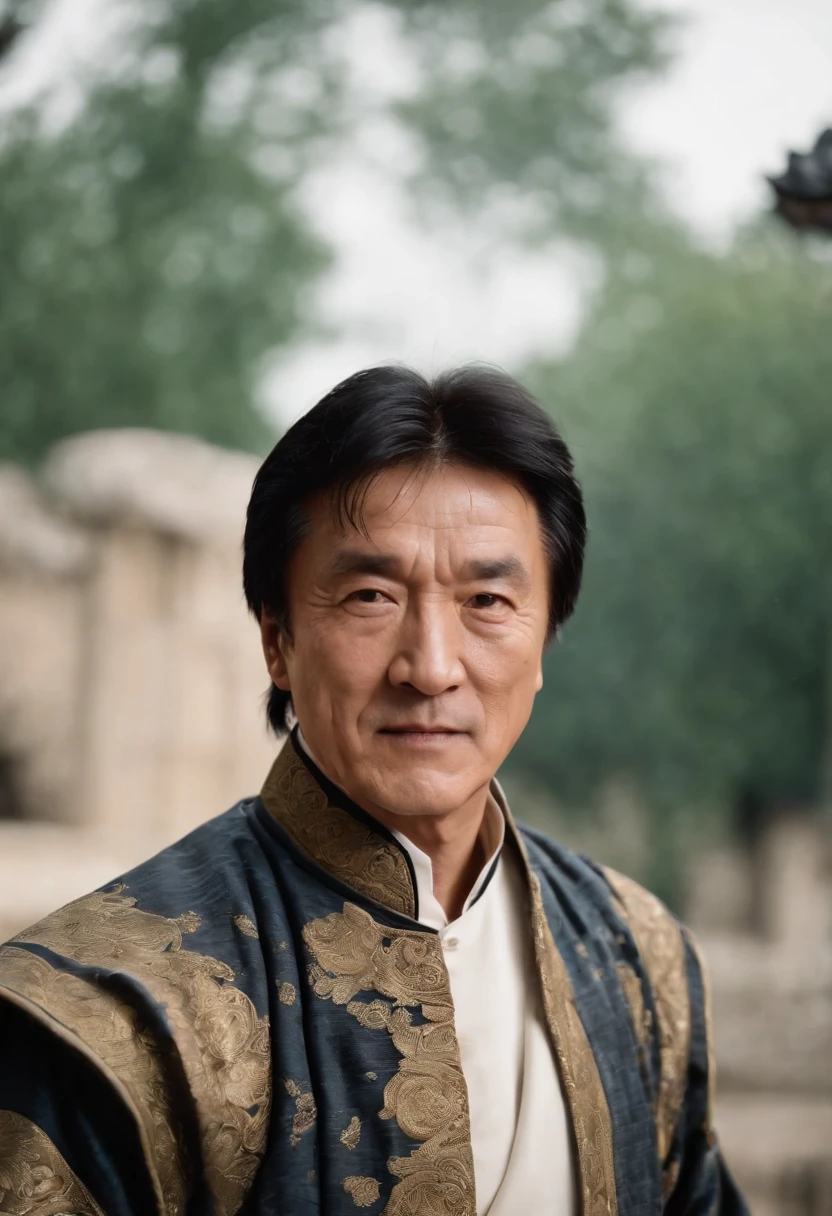 Jackie Chan,Cabbage hairstyle,Traditional Chinese Tang costume,Punch drunk,Stand on the streets in Chinese style,Motion picture film noise,Funny expressions,dark stormy clouds