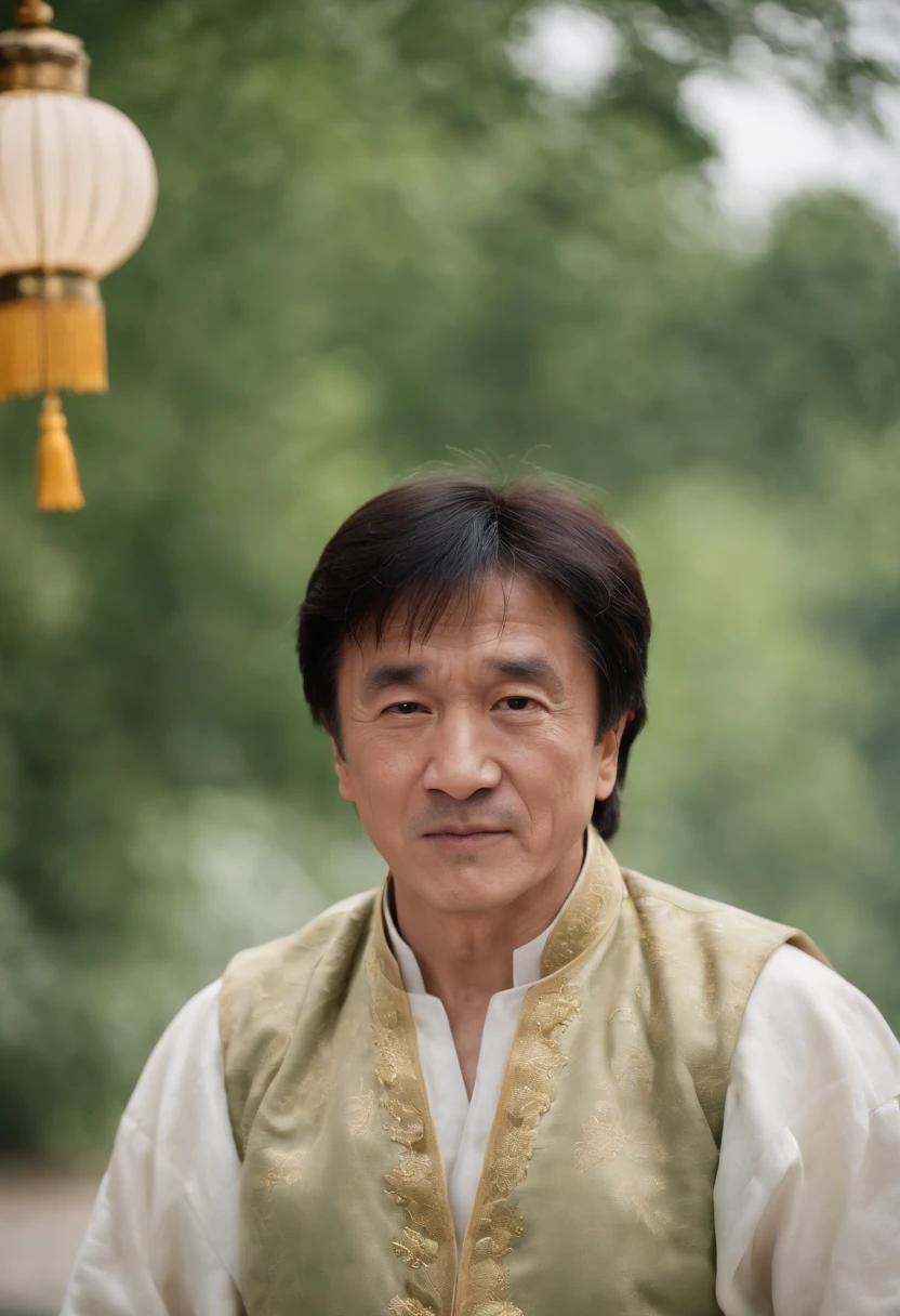 Jackie Chan，Cabbage hairstyle，Traditional Chinese Tang costume，Punch drunk，Stand on the streets in Chinese style，Motion picture film noise，Funny expressions，dark stormy clouds