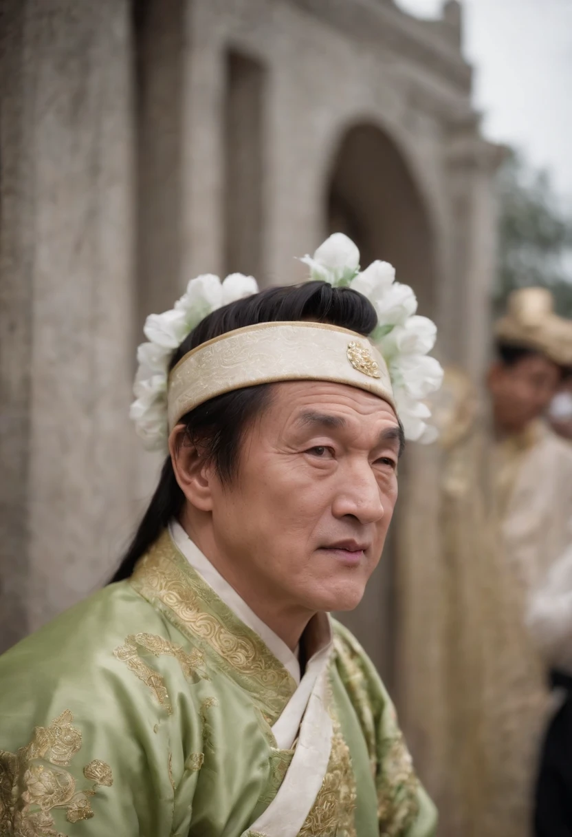 Jackie Chan，Cabbage hairstyle，Traditional Chinese Tang costume，Punch drunk，Stand on the streets in Chinese style，Motion picture film noise，Funny expressions，dark stormy clouds