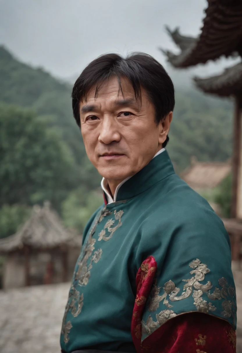 Jackie Chan,Cabbage hairstyle,Traditional Chinese Tang costume,Punch drunk,Stand on the streets in Chinese style,Motion picture film noise,Funny expressions,dark stormy clouds