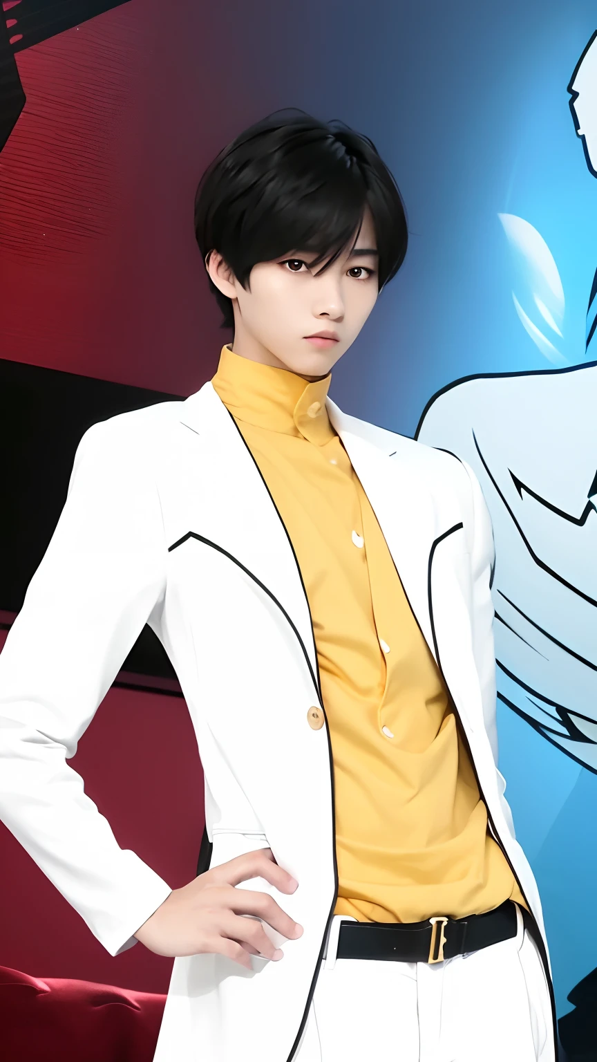 1boy, black hair, white jacket, yellow shirts, black eyes, handsome, realistic, ultra detail, 70mn lens