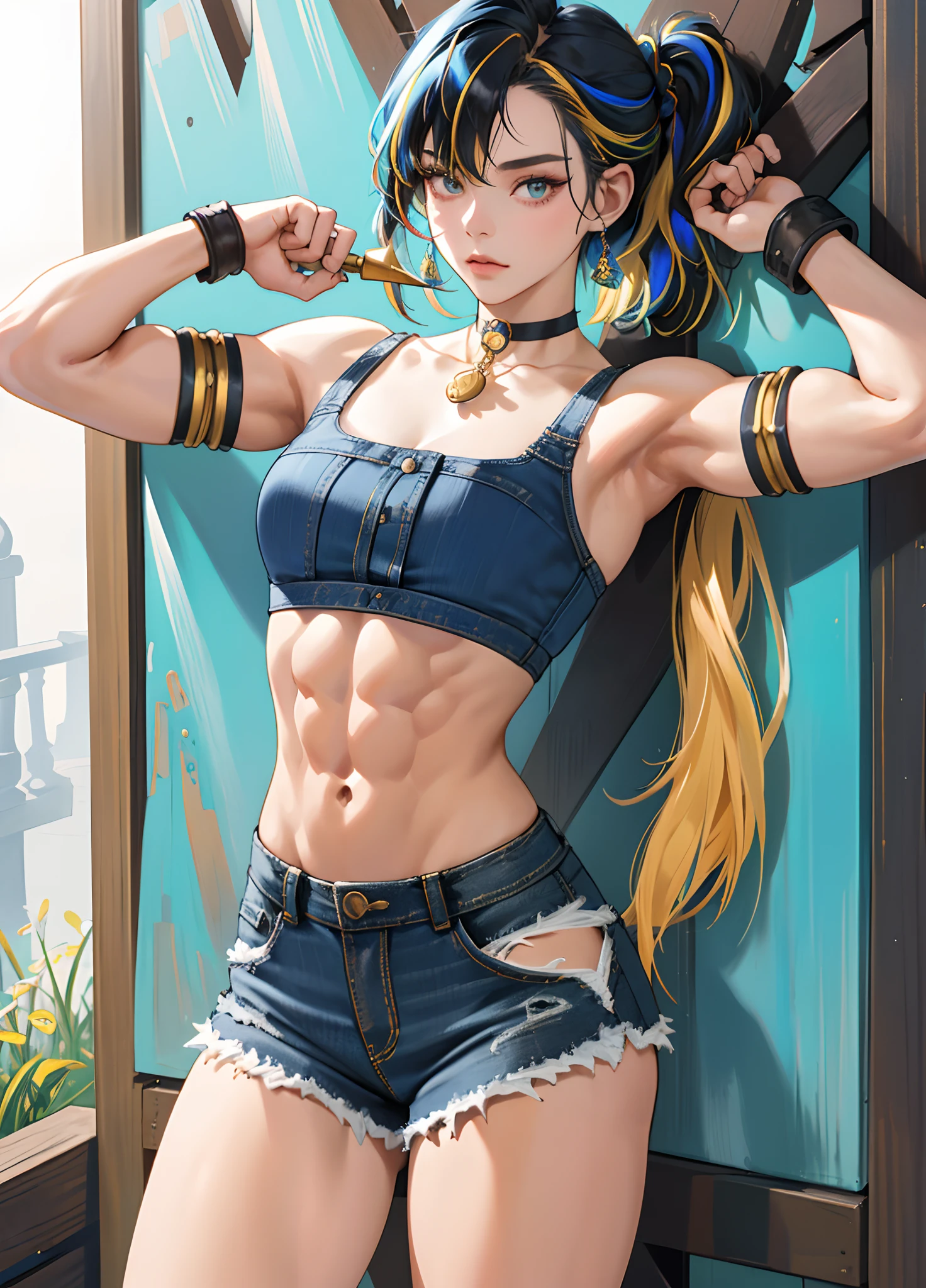tmasterpiece, Best quality at best, 1girll, 独奏, Crop tops, denim short, choker necklace,, against a wall, looking at viewert, armlets, thigh band, Paint on the body, tilt of the head, Nudy, O cabelo multicolorido, Muscular female,Muscular girl, Earphone,Abs