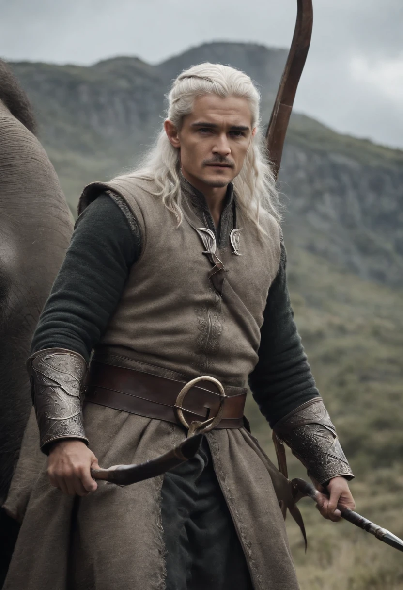 Orlando Bloom，elf prince，The long silver hair is smooth，Tyndall Light，Standing on the corpse of a dead giant elephant，holding a bow and arrow，The expression is calm，at the battlefield，dark stormy clouds