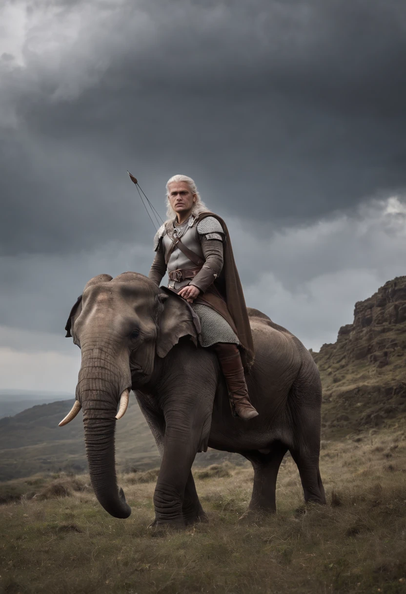 Orlando Bloom,elf prince,The long silver hair is smooth,Tyndall Light,Standing on the corpse of a dead giant elephant,holding a bow and arrow,The expression is calm,at the battlefield,dark stormy clouds