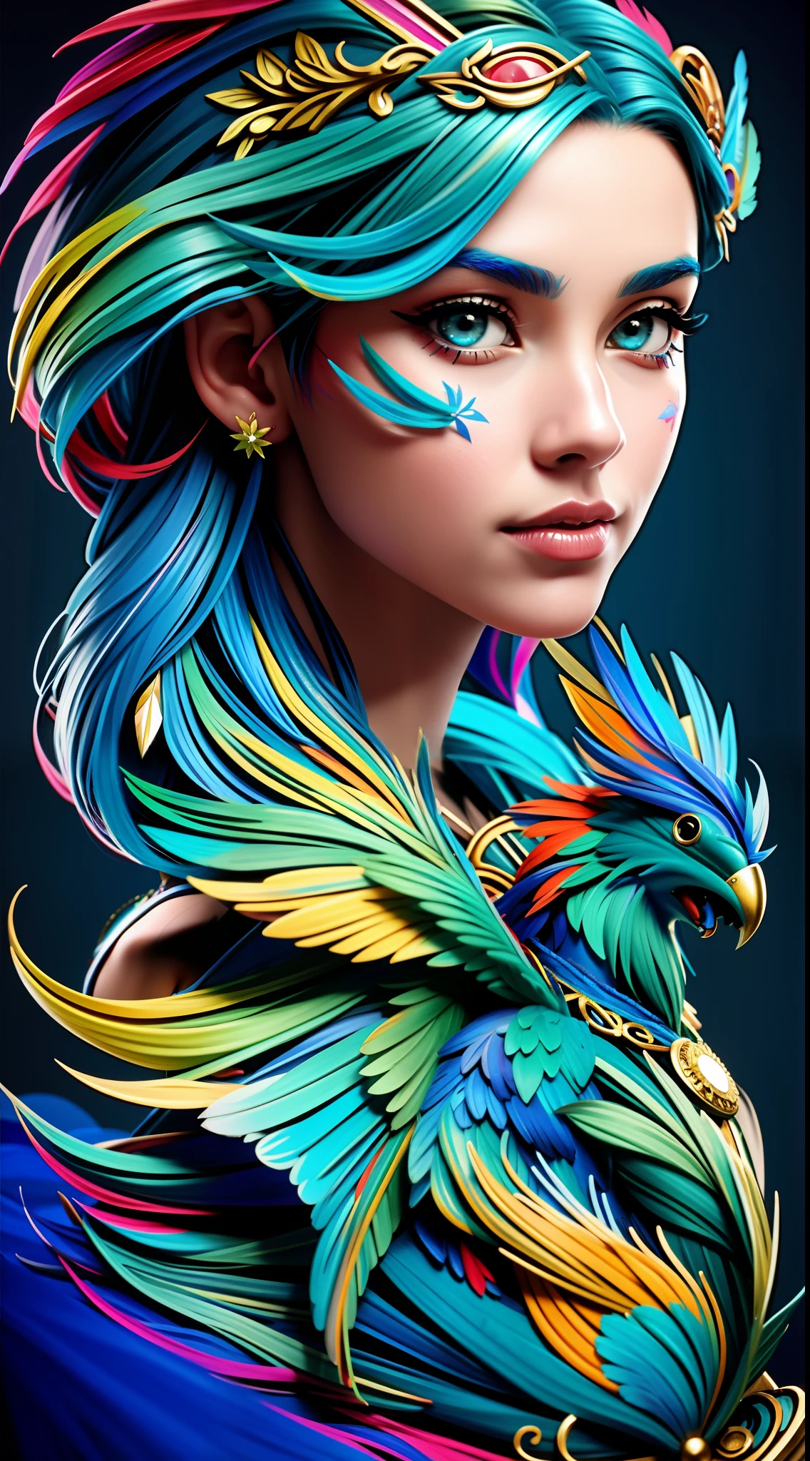 a woman with blue hair and colorful feathers on her head, arte de fantasia digital colorida, arte digital fantasia arte, lindo arte digital, bela arte digital, arte digital fantasia, arte digital de fantasia detalhada, bela arte digital, Arte digital altamente detalhada em 4k, arte digital de fantasia, retrato bonito da arte da fantasia, arte de fantasia digital em alta, arte digital muito bonita