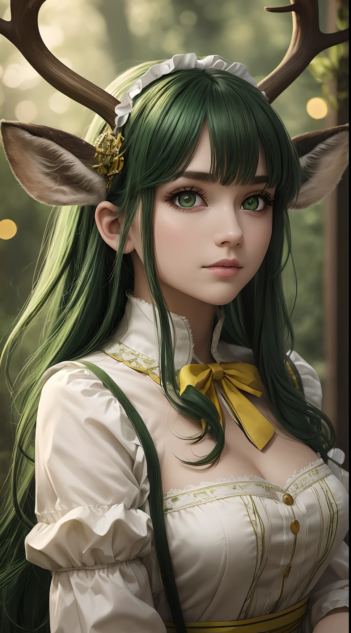 High-quality graphics,tmasterpiece,Bokeh,Green-haired beauty,Yellow vertical pupils,deer antlers,Maid decoration,Soft lighting,stooped,Playful,Sharp focus,Ultra-detailed,Portrait,landscape,Vivid colors,Soft lighting