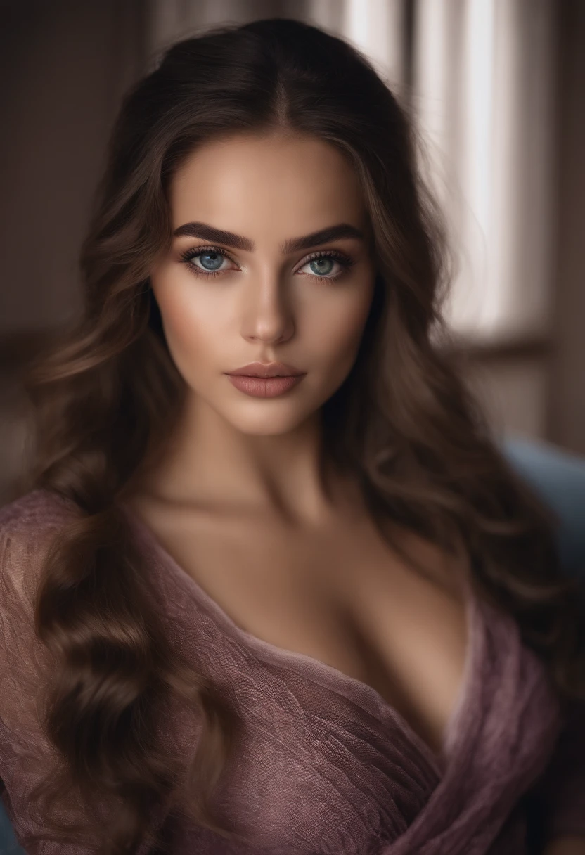 Arafed woman completely , fille sexy aux yeux bruns, ultra realist, Meticulously detailed, Portrait Sophie Mudd, cheveux bruns et grands yeux, selfie of a young woman, Dubai Eyes, Violet Myers, sans maquillage, maquillage naturel, looking straight at camera, Visage avec Artgram, Maquillage subtil, Great photo of the whole body kneeling on the bed, dans la chambre, Medium to large bust