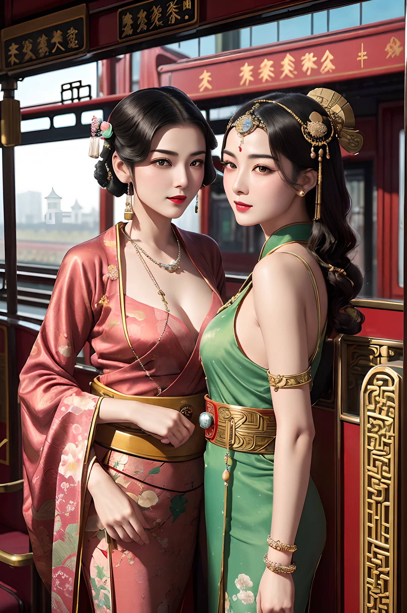 Two beautiful girls,leering:1.4, Lovers, lesbians,(in the railway station 1920's Shanghai,retro train background:1.6),(Taoist hairstyle,Giant hairstick:1.6,oiran hair ornament,armlets, bangle:1.3),Dodge kisses,bauhaus, bulgari, official valentino editorial,half-open lips, Suck your lips firmly, Drooling, elegant, Brilliant, Beautiful, Blush (0.2), Gorgeous, Beautiful, Gorgeous, gentle, Starry sky, Milky Way, Summer triangle, Tanabata and bamboo ornaments, Precise drawings, a detailed drawing,